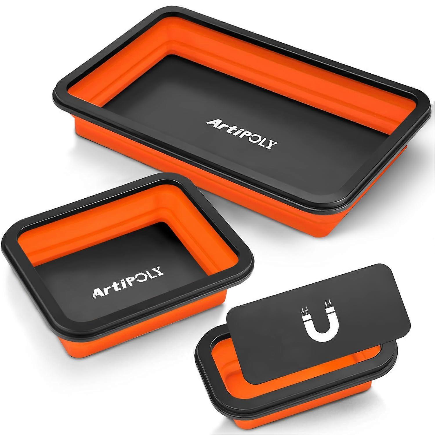 Collapsible Magnetic Parts Tray Set, 3 Different Size Foldable Silicone Tool Trays for Small Metal Parts