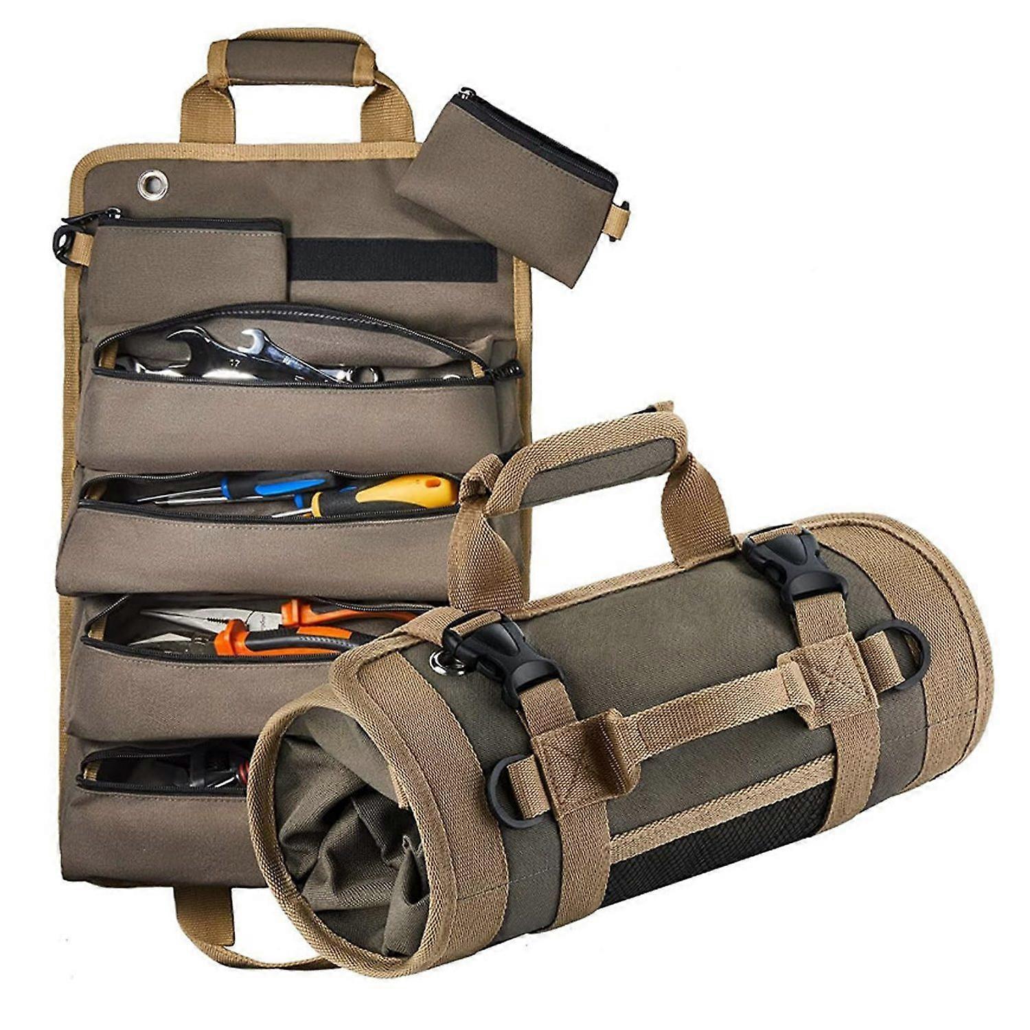 Portable tool roll bag with 4 tool compartments + 2 removable pockets for easy storage