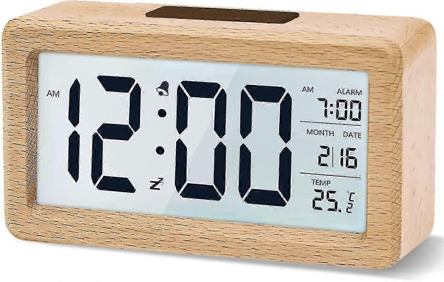 Digital Alarm Clock, Wooden Bedside Clock With Large Lcd Backlit Display, Temperature, Snooze Function, Brightness Sensor, 3 Aaa Battery Operatedbatte