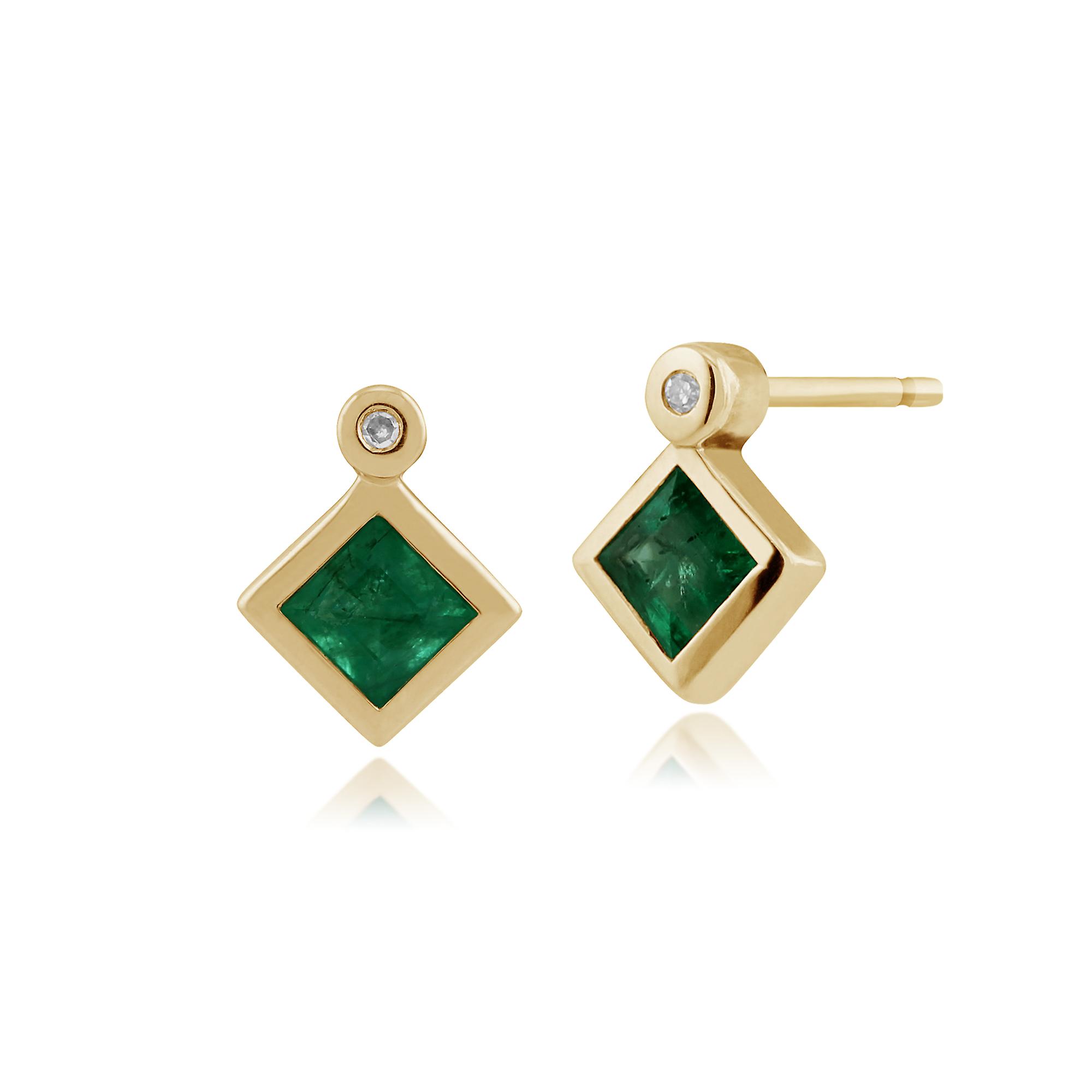 Geometric Square Emerald & Diamond Bezel Set Stud Earrings in 9ct Yellow Gold