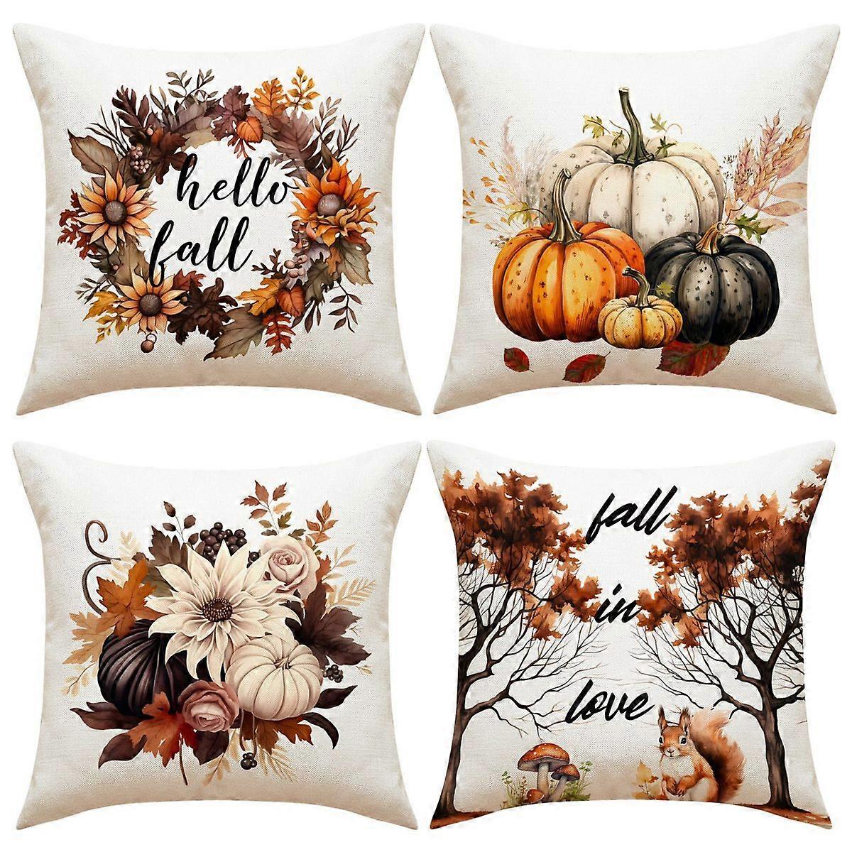 Toamnă Decor Huse de pernă 18x18 Set de 4 Decorațiuni de Ziua Recunoștinței Portocaliu Camion Dovleac În aer liber Toamnă Fermă Decorativ