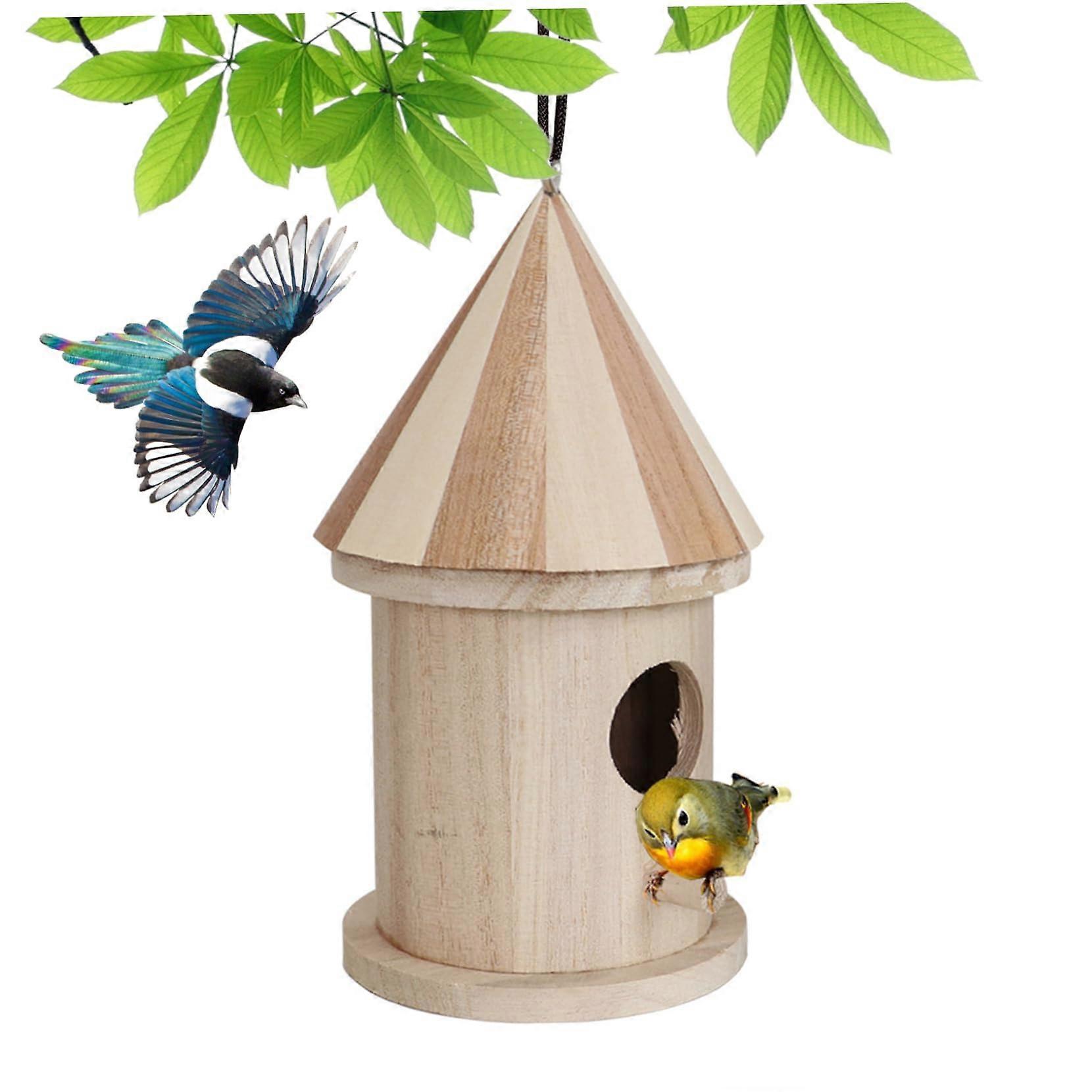 Wooden Bird House For Outdoor Use, Weatherproof Nesting Box, Minimalist Hanging Design, Small Size, Natural Finish