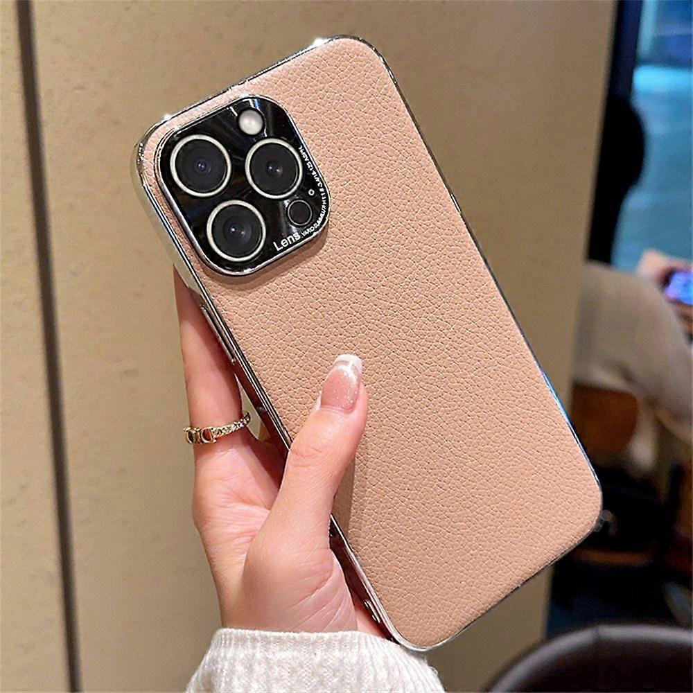 For iPhone 15 Pro Max Case Electroplating Edge Litchi Texture Leather + PC Phone Cover