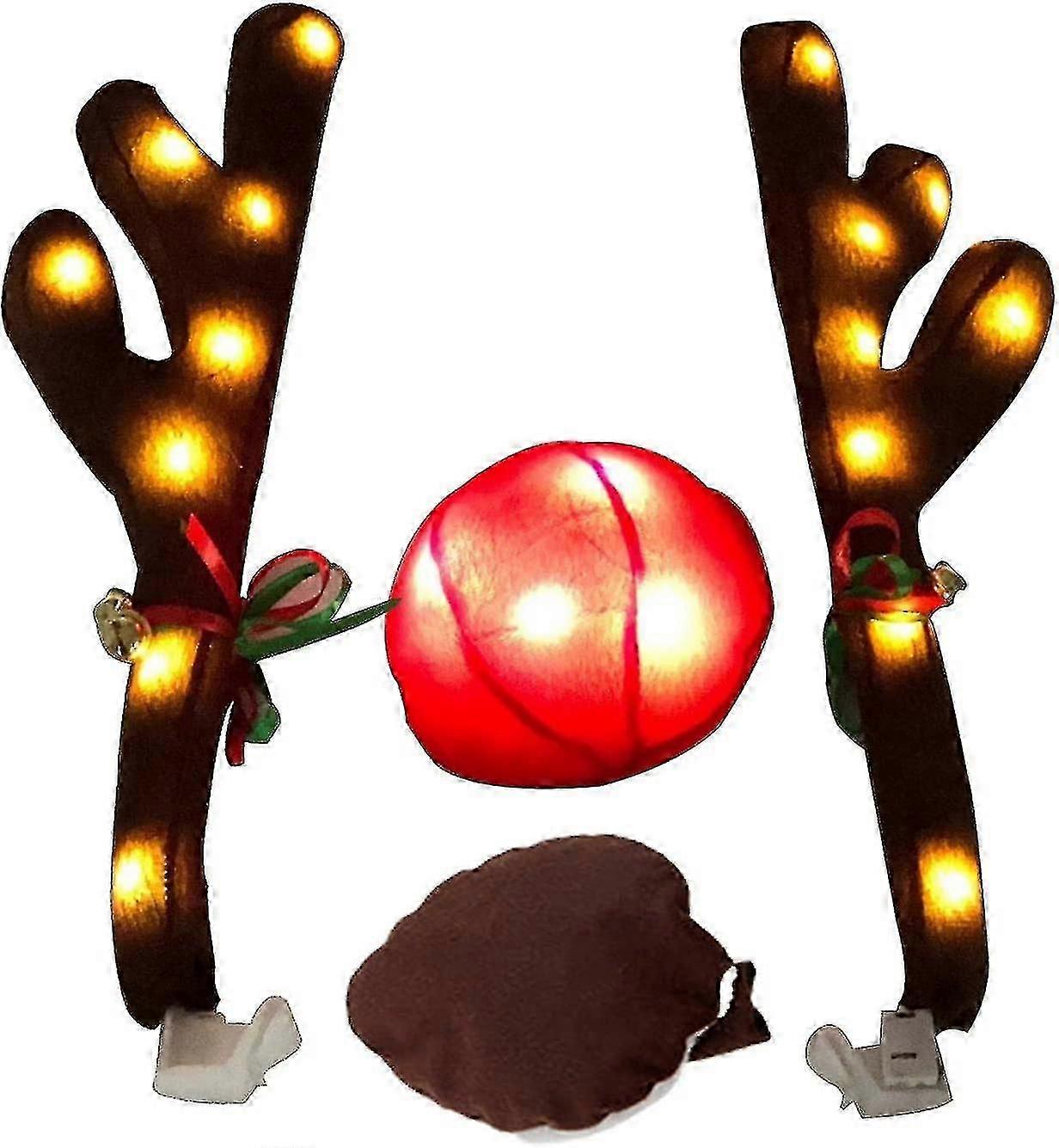 車用クリスマストナカイの角飾り、ジングルベルと赤い鼻が付いた光る車用クリスマスカーデコレーションキット、かわいいトナカイの角のクリスマスカーコスチューム