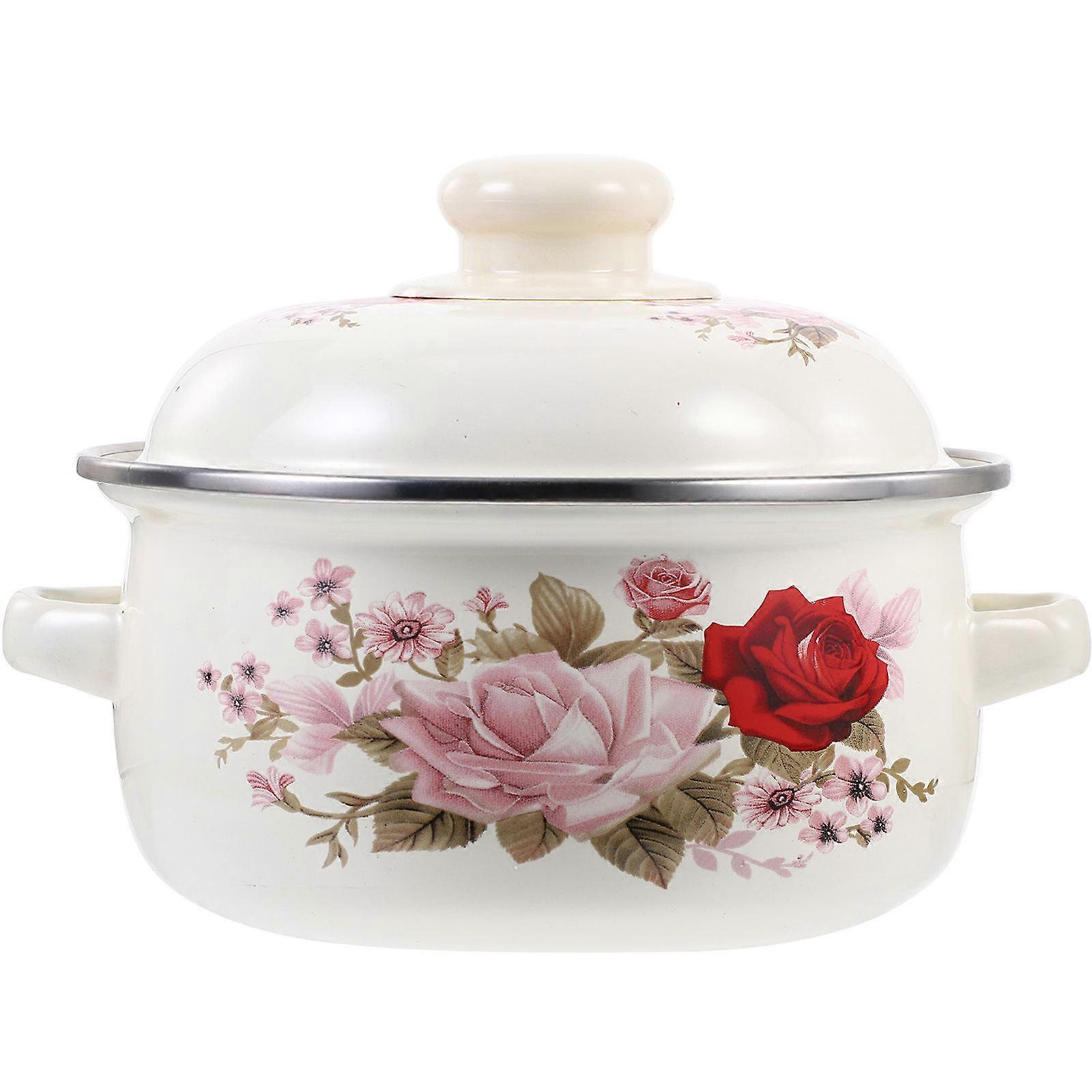 Vintage Enamel Stockpot With Lid Flat Bottom Improves Food Taste 1Pcs
