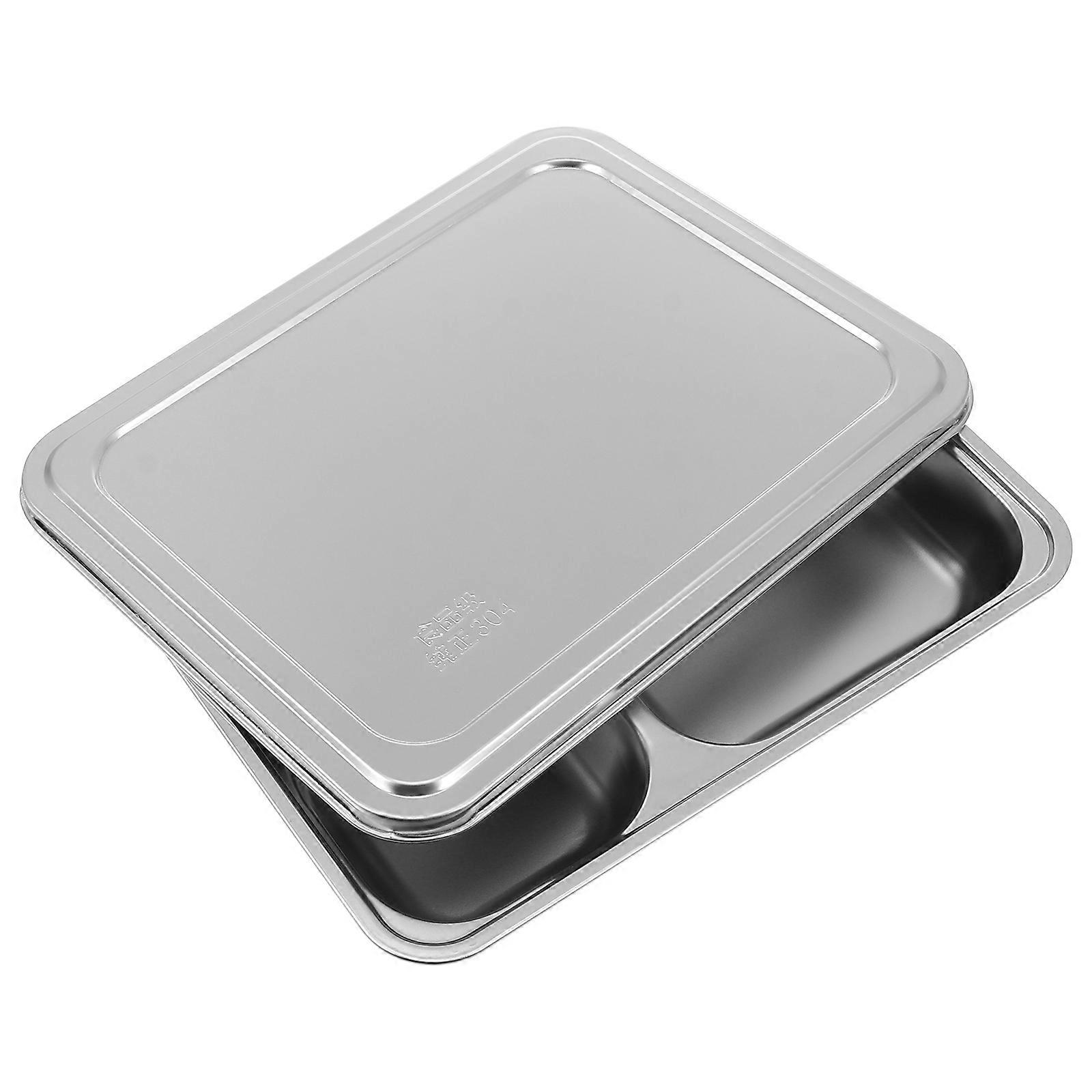 Divided Food Serving Stainless Steel Plate Rectangular Stackable Design 28X22X4.2CM 1Pc Silver