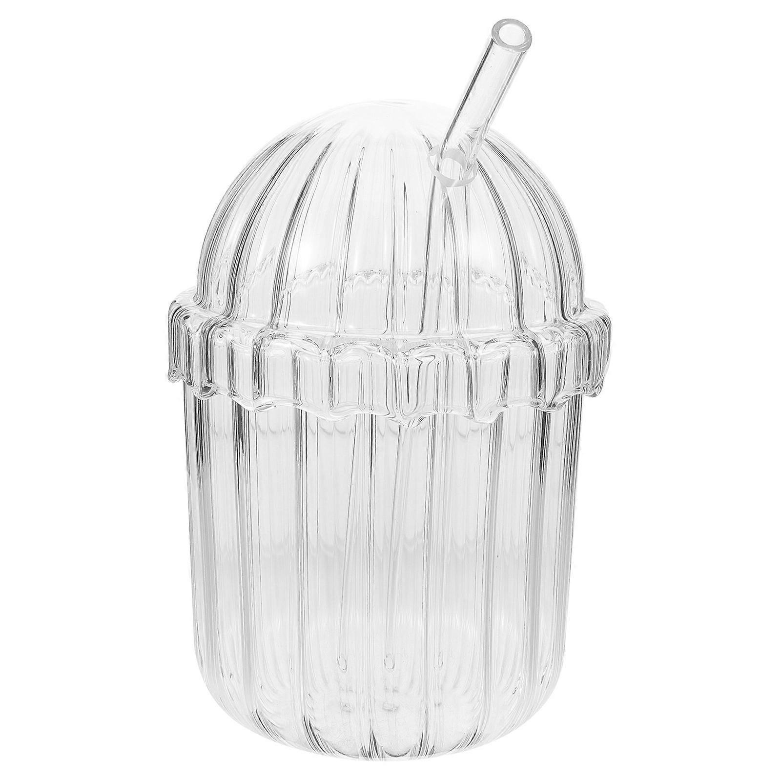 Clear Glass Cups with Straw High Borosilicate Glass for Storage Use Transparent Reusable Sleek Vertical Stripe Design 12 oz