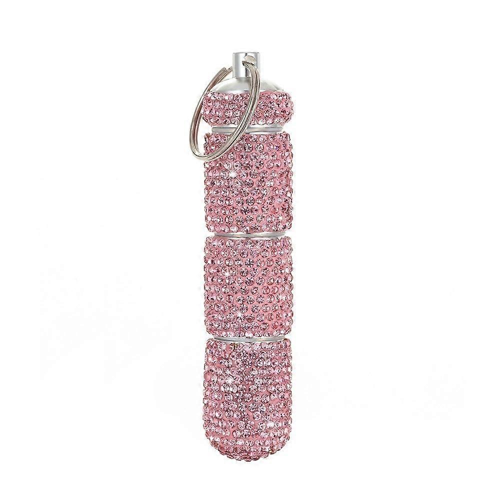 Portable Bling Pill Case with Keychain, Mini Rhinestone Pill Container, Crystal Storage Box with 3 Compartments, Pink Rose