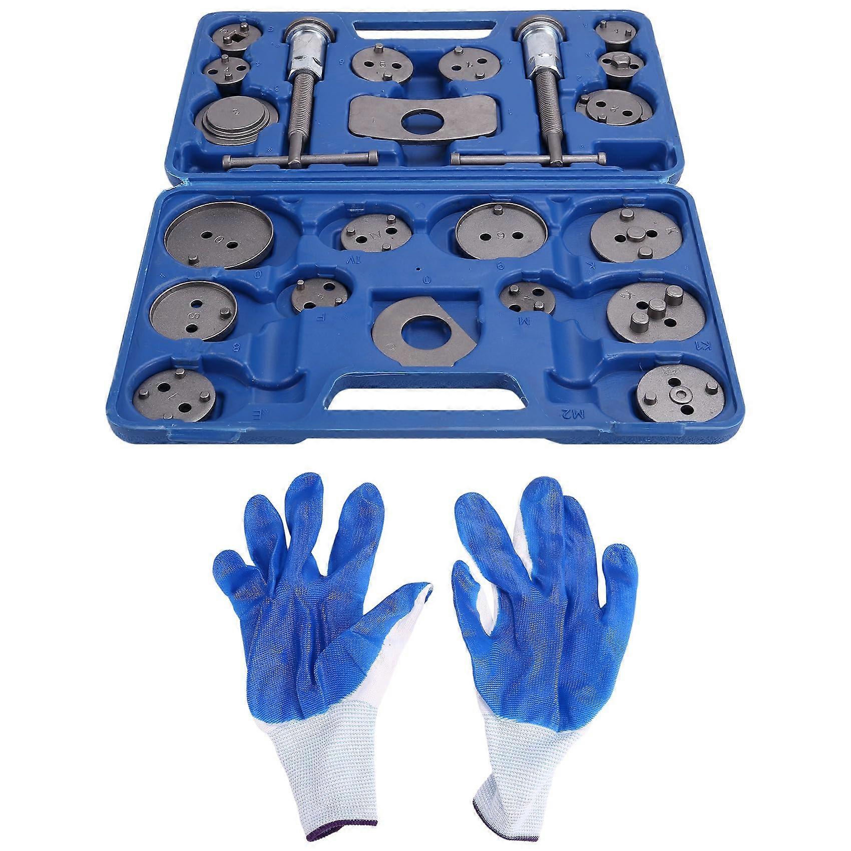 Brake caliper compression tool set, pressure bolts, retaining plates, clamp brackets, disc adapters with gloves