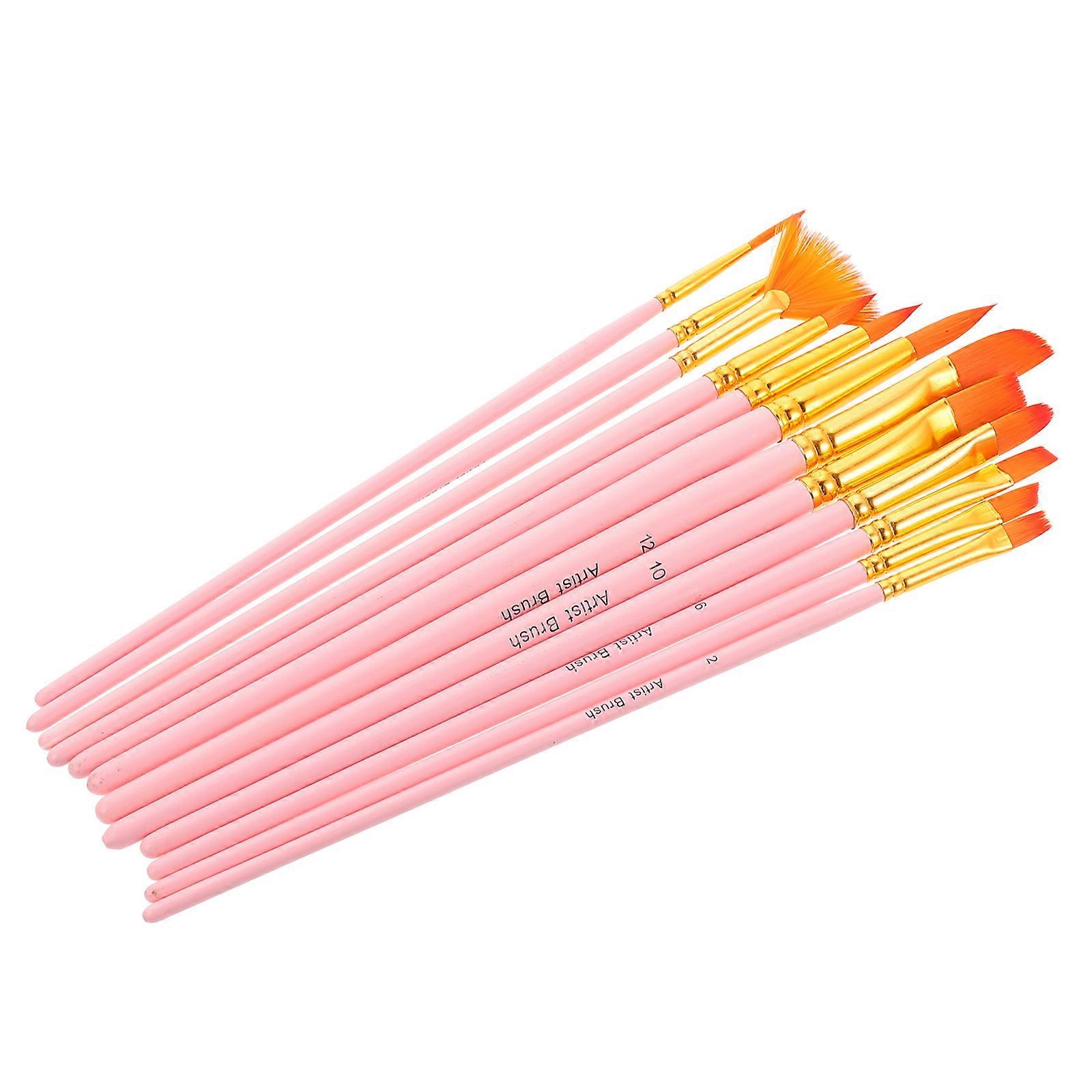12Pcs Professional Nylon Paint Brush Set for Painting Use Comfortable Easy Grip Pink Color