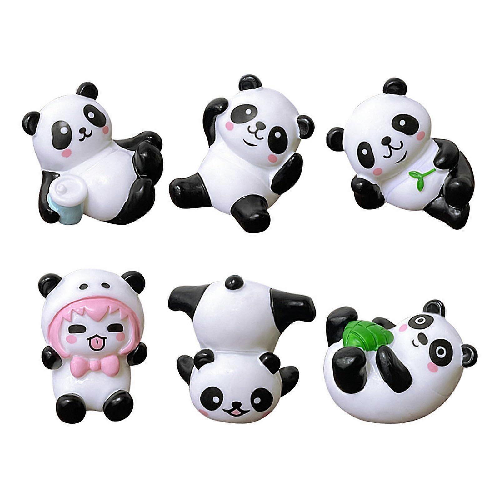 Panda Resin Ornaments 6-Piece Set for Cake Topper, Desk Or Car Dashboard Cute Decor Black and White