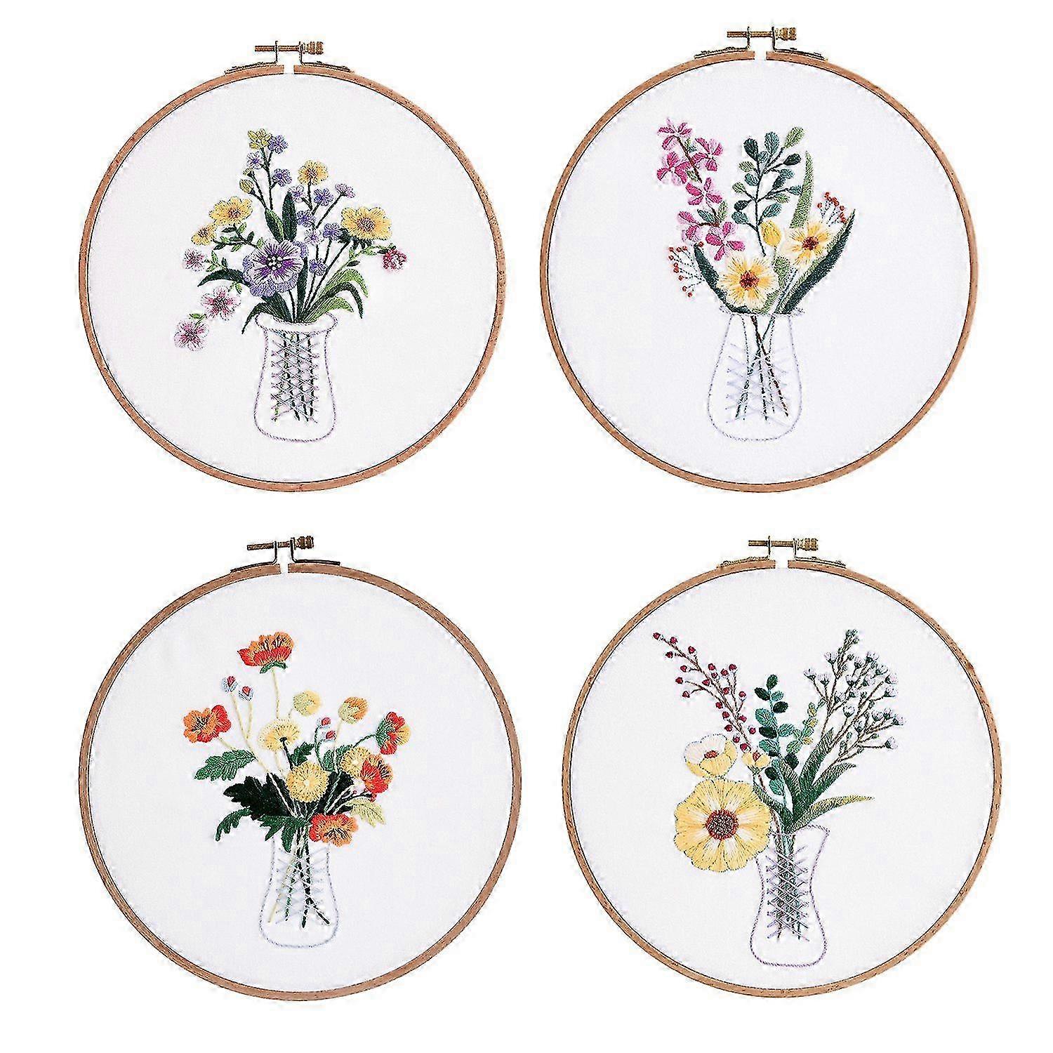 Embroidery Kit with Pattern for Beginners,4Pack Kits,4 Embroidery Hoops,Needlepoint Kit for Adults