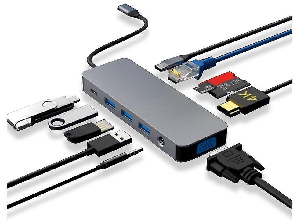 USB C Docking Station - 11 in 1 USB-C Hub Multiple Adapter with 4K HDMI,Gigabit Ethernet,VGA,3 USB3.0, Ethernet Audio SD/TF Read Card(Gray)