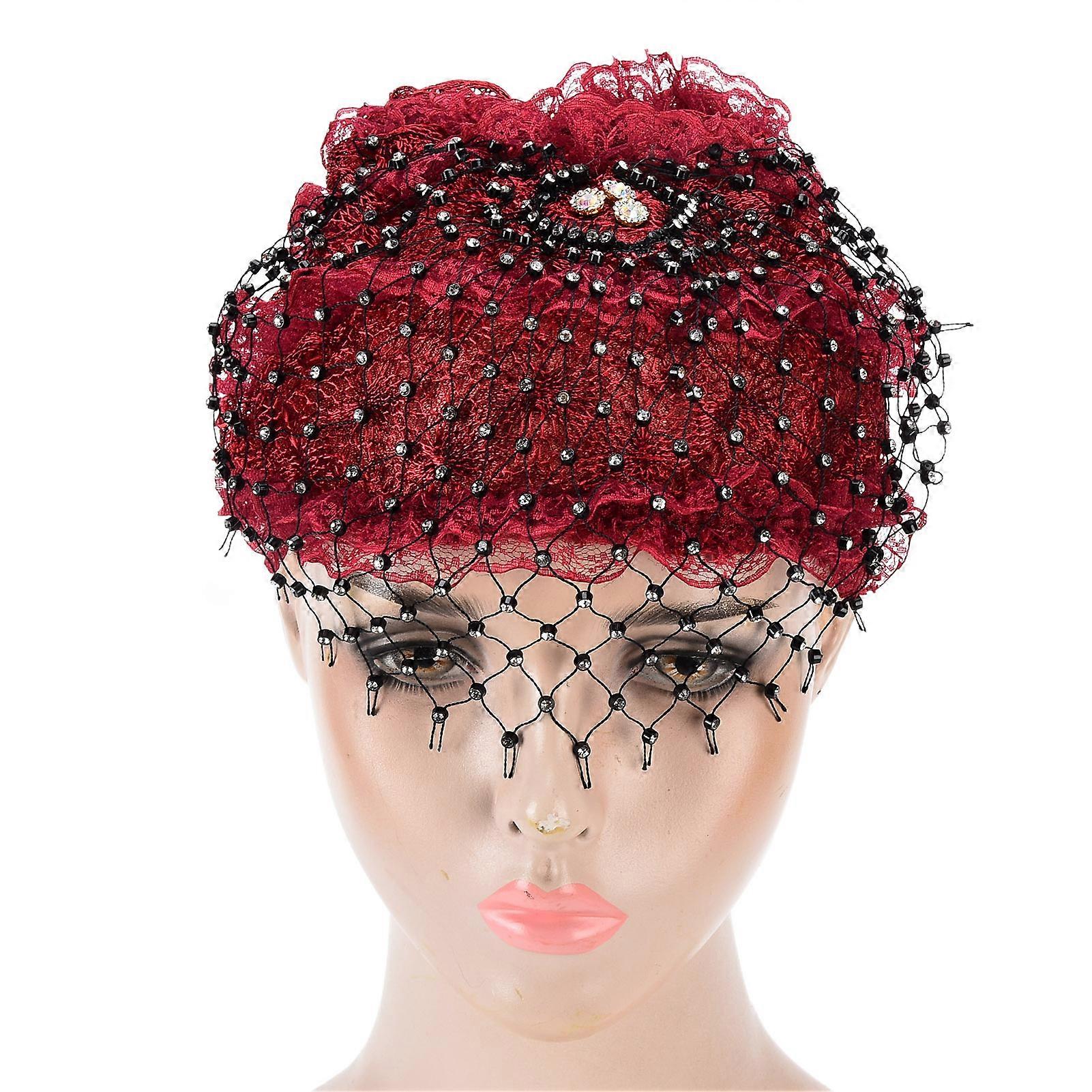 Soft Stretchable Wine Red Lace Head Wrap with Rhinestones