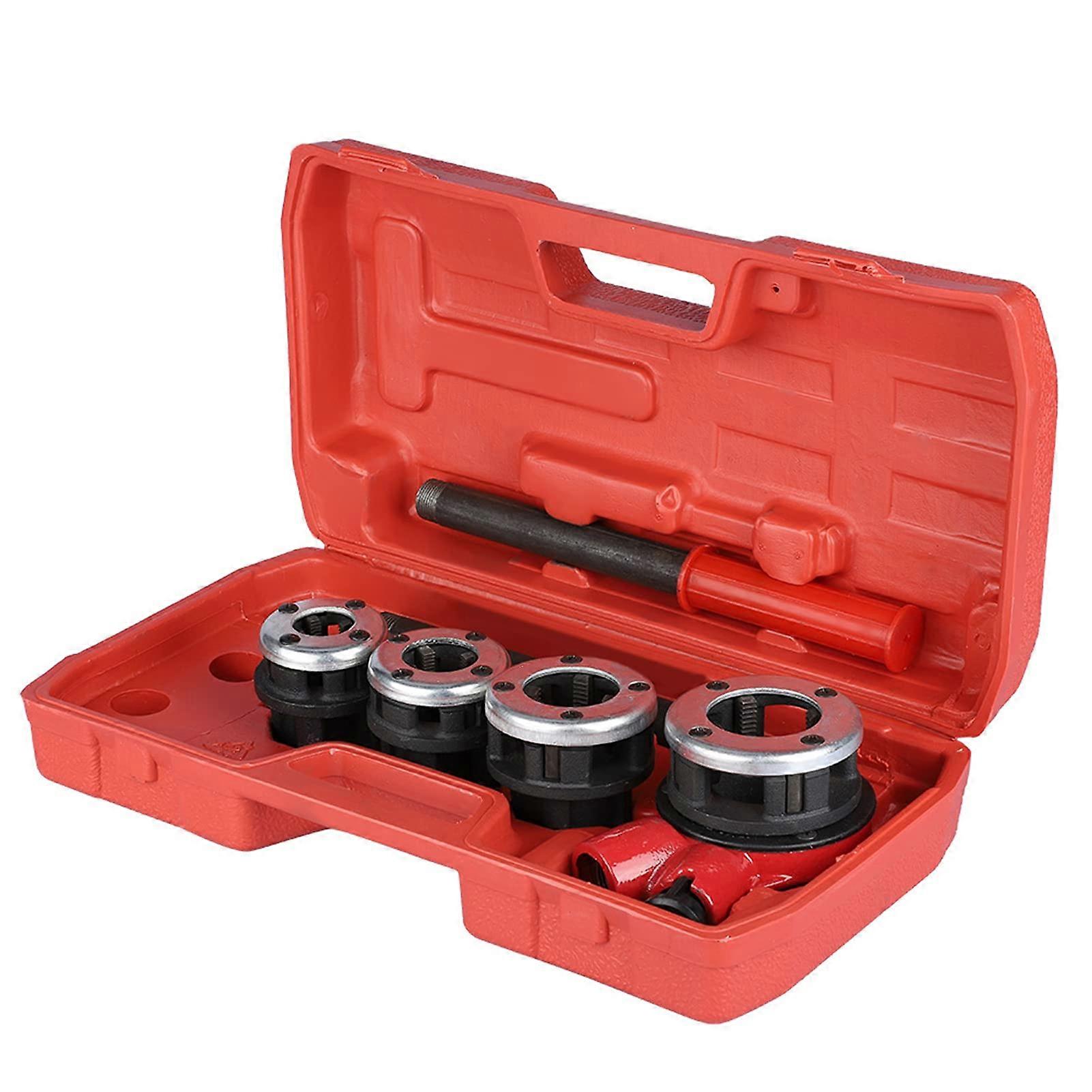 Pipe Threading Kit With Malleable Cast Iron Heads, 4 Dies 1/2 In 3/4 In 1 In 11/4 In, Compact Ratchet Tool