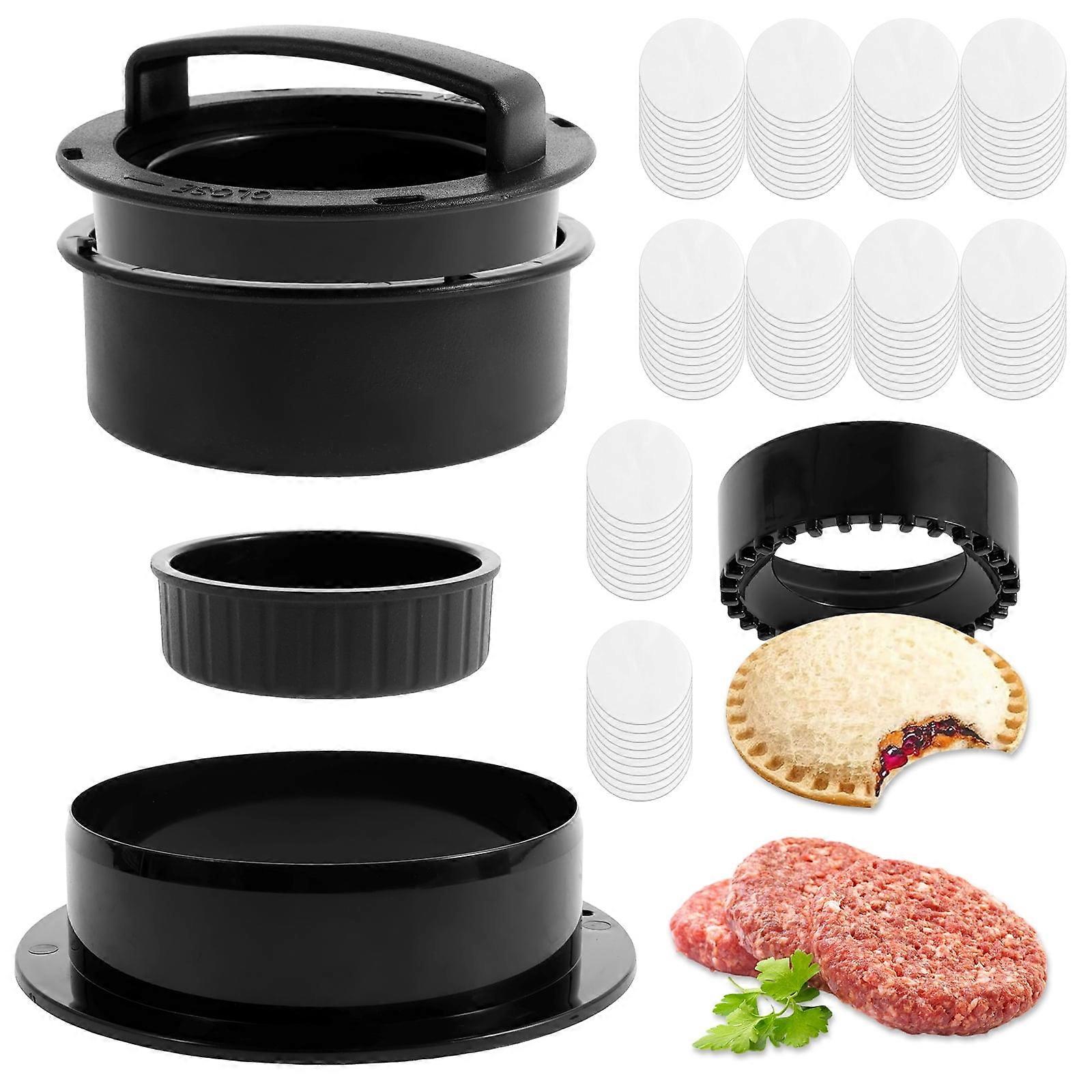 Burger Press with 100 Wax Papers, 4-in-1 Non-Stick Patty Maker, Reusable Hamburger Press Tool with Different Size Molds