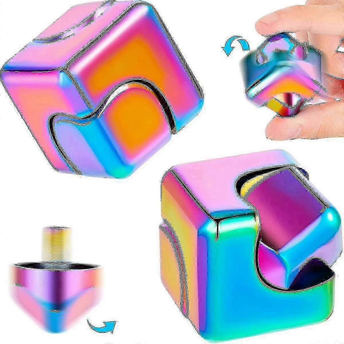 2 Pieces Fidget Cube Spinner Anti-anxiety Focusing Fidget Toys 4-in-1 Spinning Toy Neon Rainbow Metallic Focusing Fidget Toys Cube Finger To