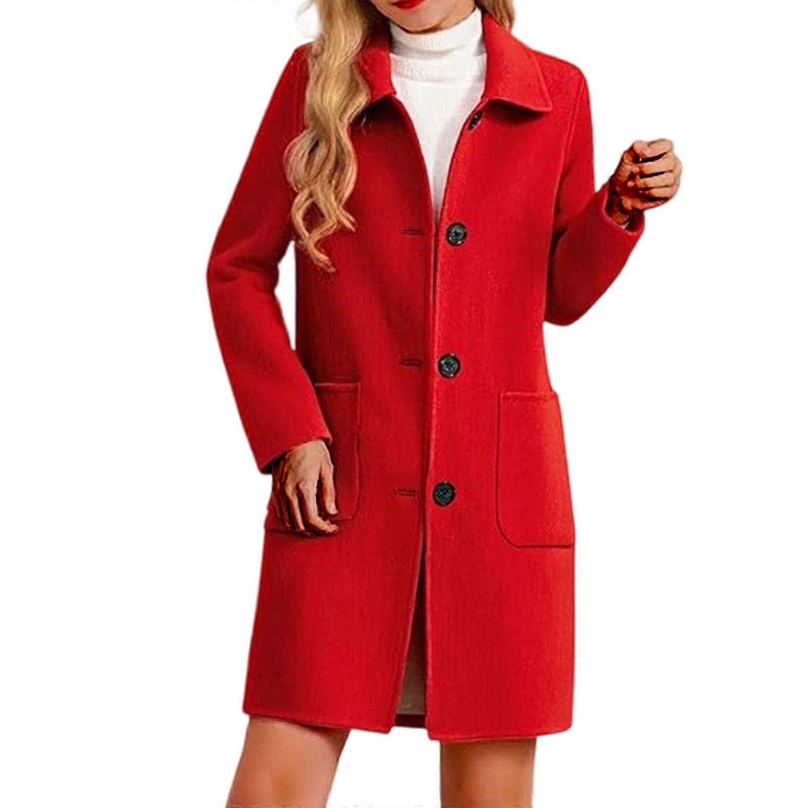 Women's winter long-sleeved lapel single-breasted elegant mid-length solid color coat  Red XL