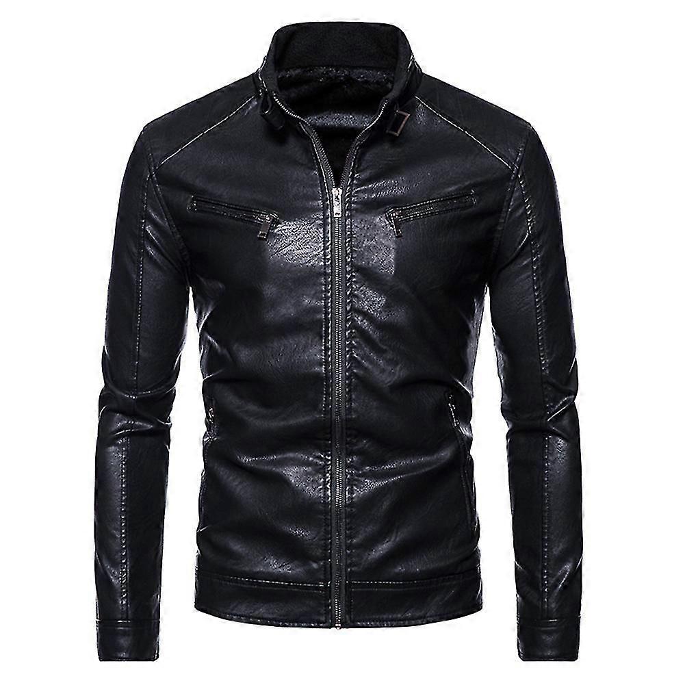 Men's Slim Solid Color Stand Collar Pu Leather Jacket