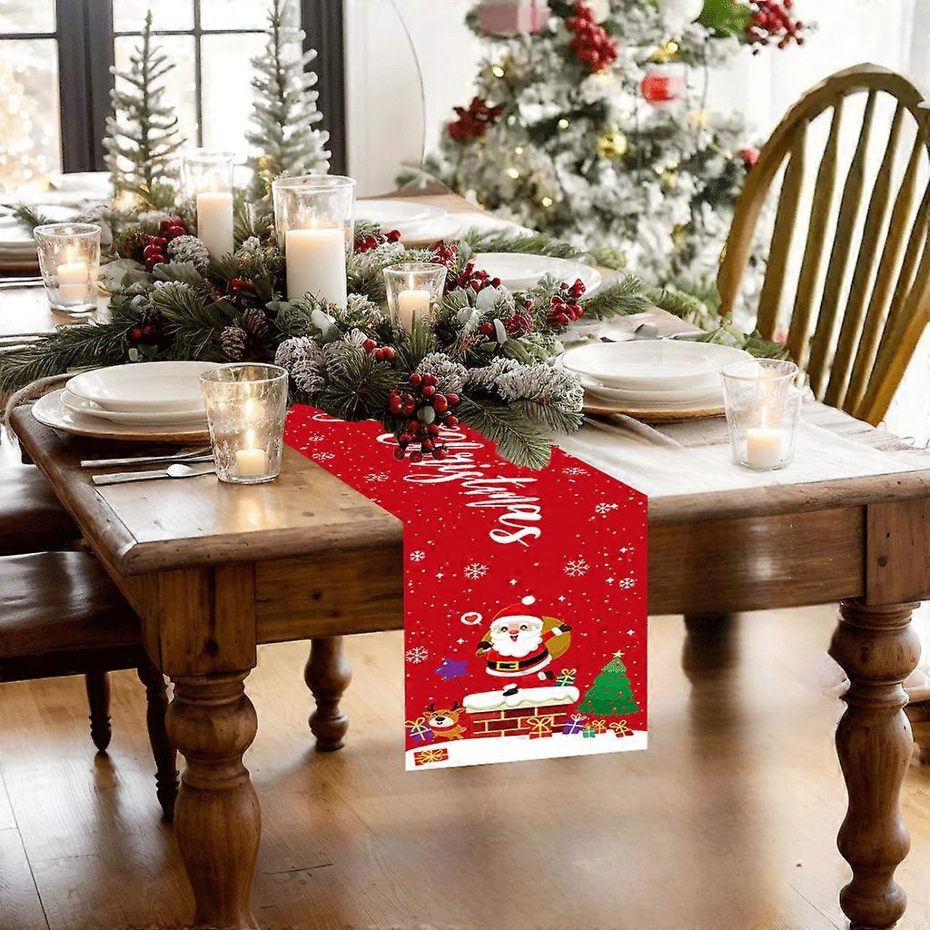 Toalha de mesa, caminho de mesa, decoração de Natal com Papai Noel vermelho, alce e árvore de Natal.