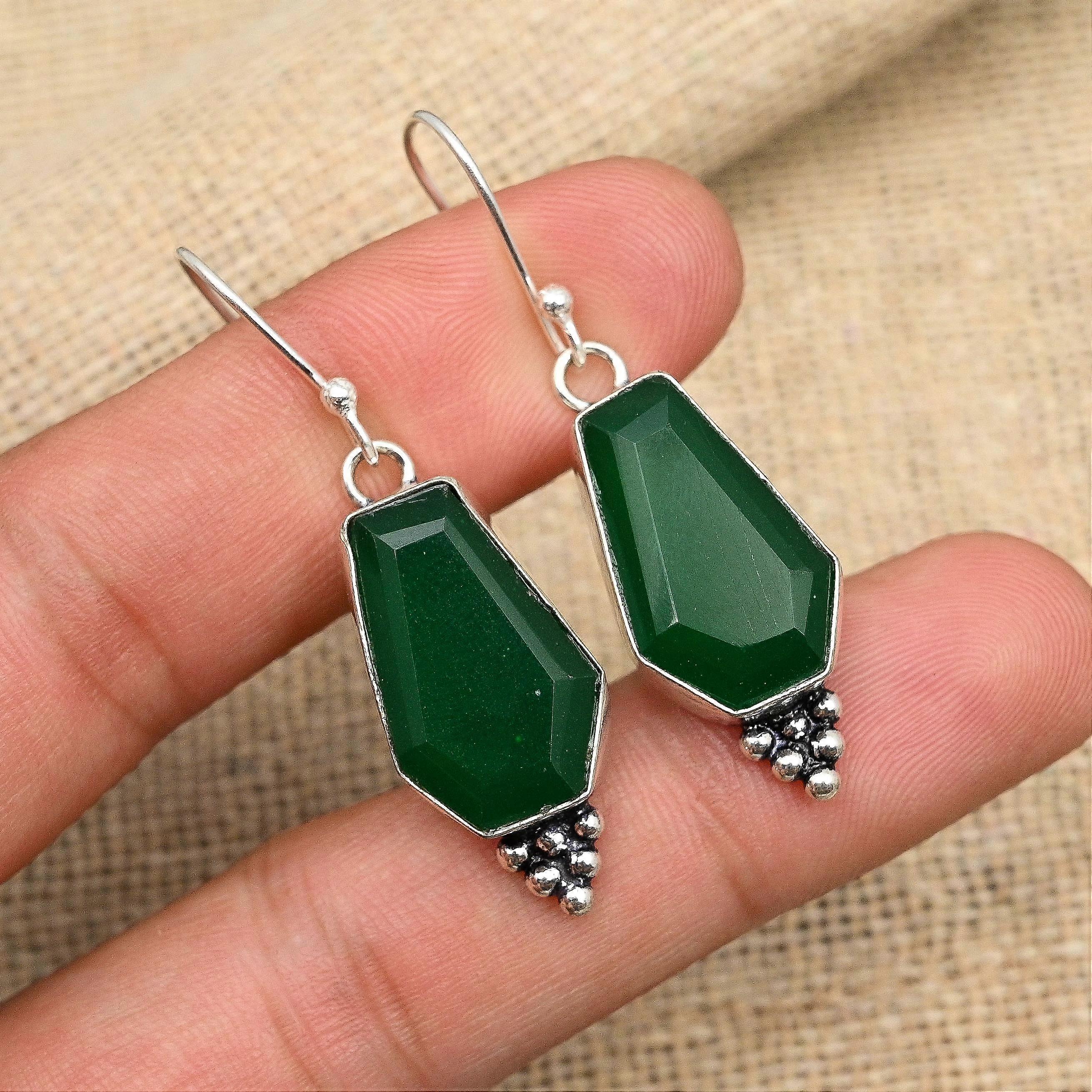Pendientes de plata de ley 925 con gema de ónix verde facetada, hechos a mano, para boda.