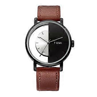 TOMI T080 Hollow Design Mezzo Orologio Al Quarzo Trasparente Nero Bianco Viso Cinturino Marrone