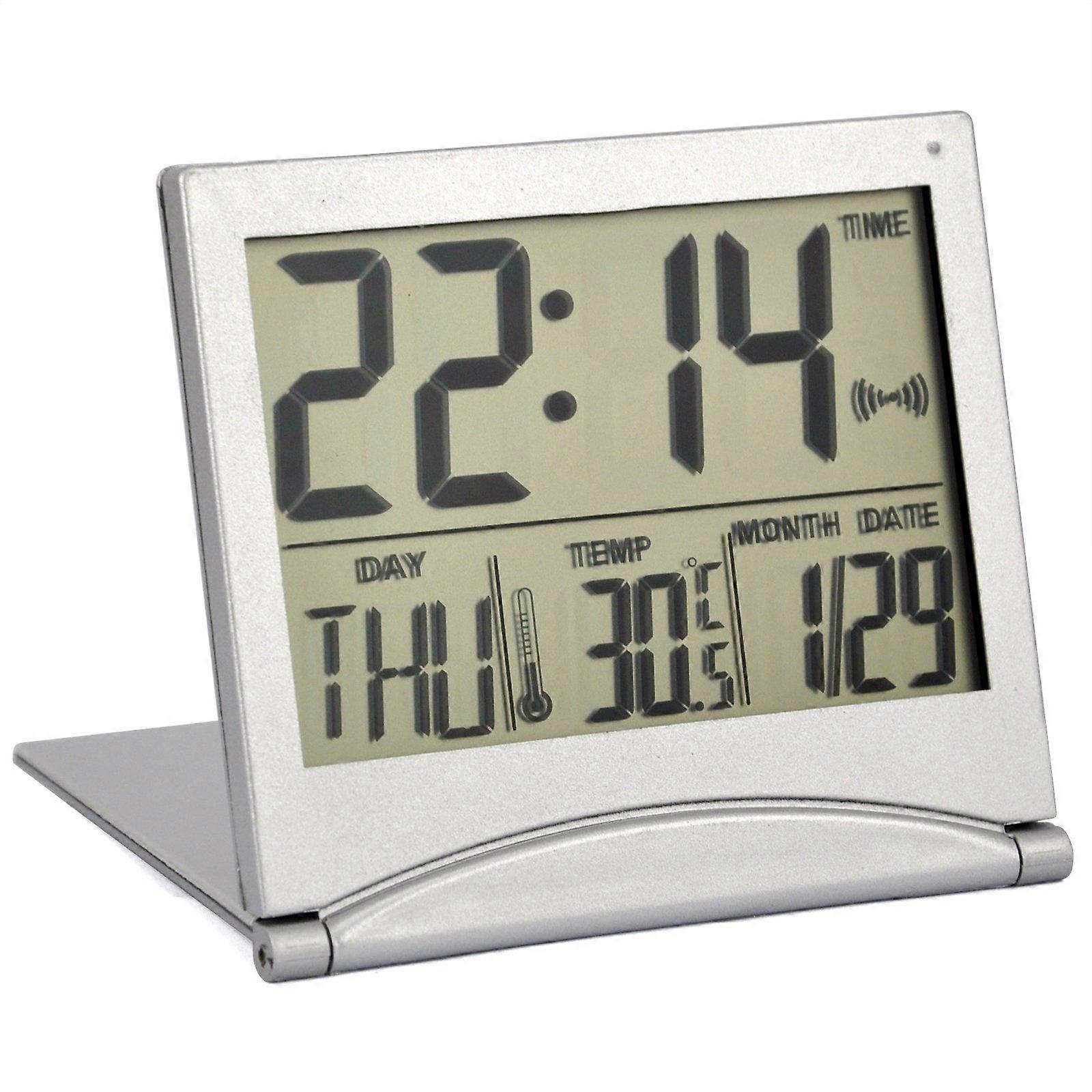 Silver Desk Clock  Digital LCD Display  Alarm and Snooze Function