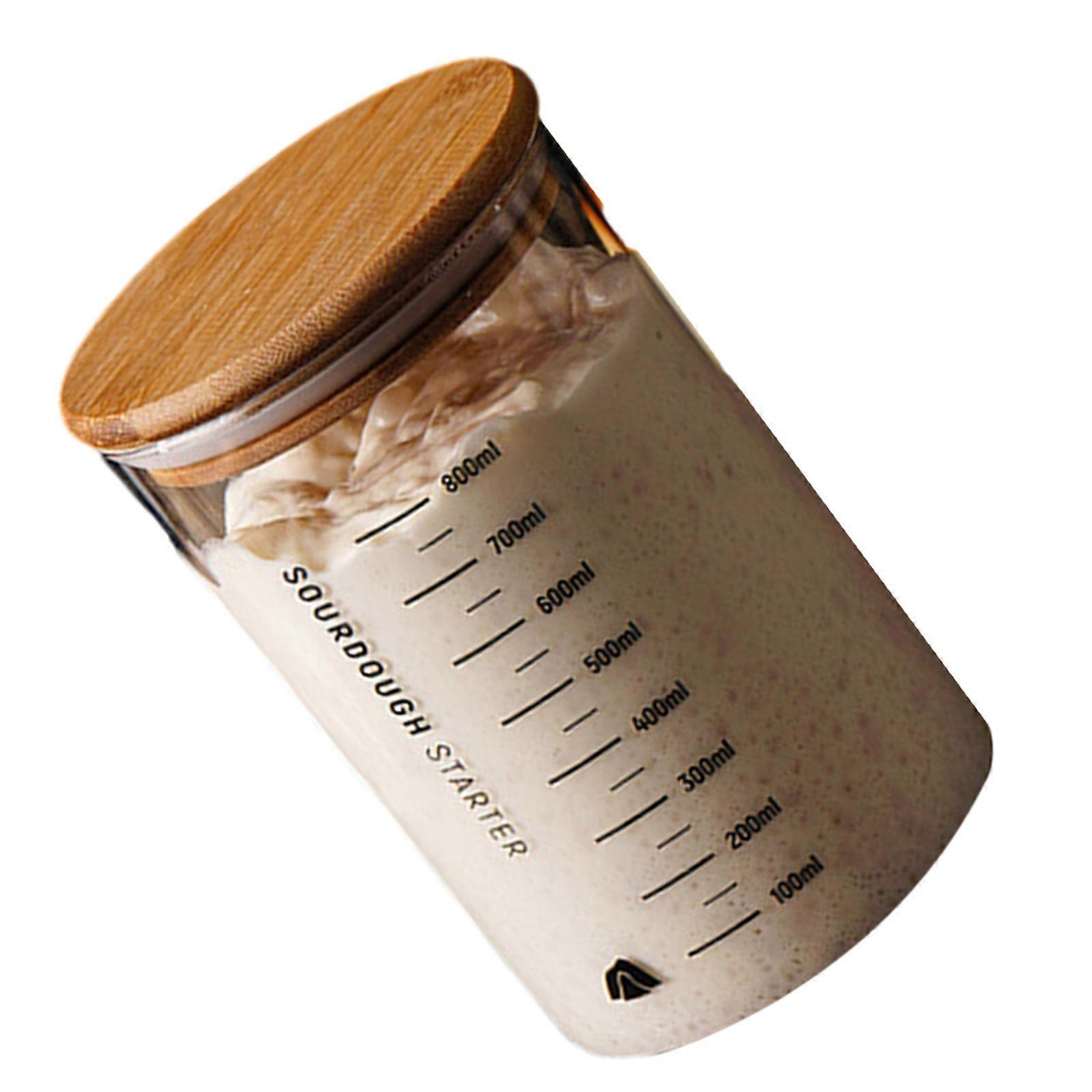 Sourdough Starter Container Clear Glass Fermentation Jar Practical Sealed Jar with Scales and Wood Lid Kitchen Tool Multicolor