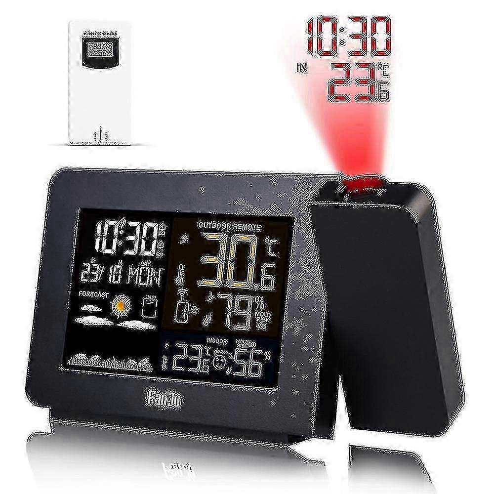 Projeksjon Vekkerklokke Projeksjonsklokke Med Bulit-in Utendørs Wirelss Sensor Og Værstasjon Doble Alarmer For Soverom Støtte Lcd Display Dato Klokkeslett