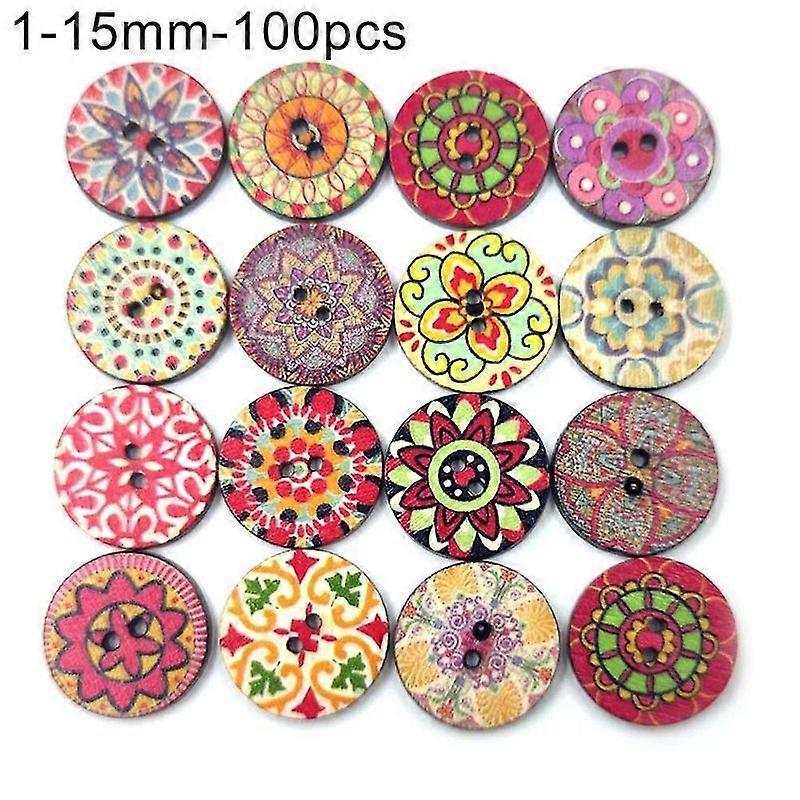 Luxora 100pcs Bohemian Style Retro Pattern Round Shape Wooden Buttons Clothing Decor