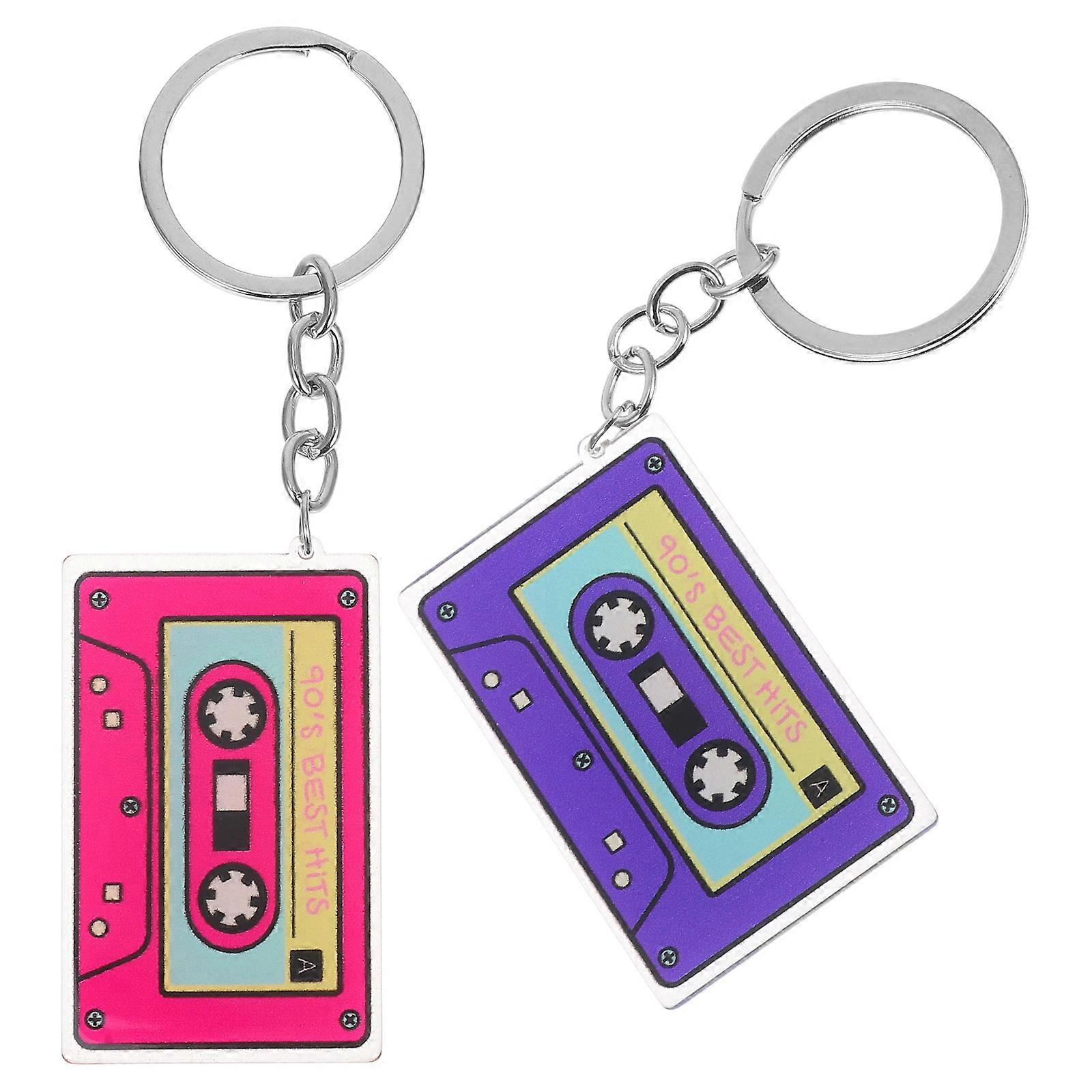 Retro Tape Keychain Mini Cassette Shape Daily Use Purple Acrylic 2Pcs
