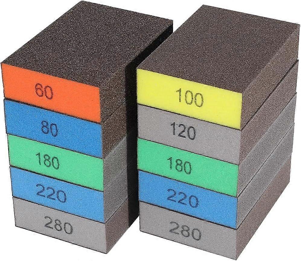 10Pcs 60 to 280 Grit Sandpaper Set Polishing Sanding Sponge 3.9 x 2.7 Inch Rectangle Colorful Soft Foam Hand Wet Dry Blocks Tools Pads Sheets for Mode