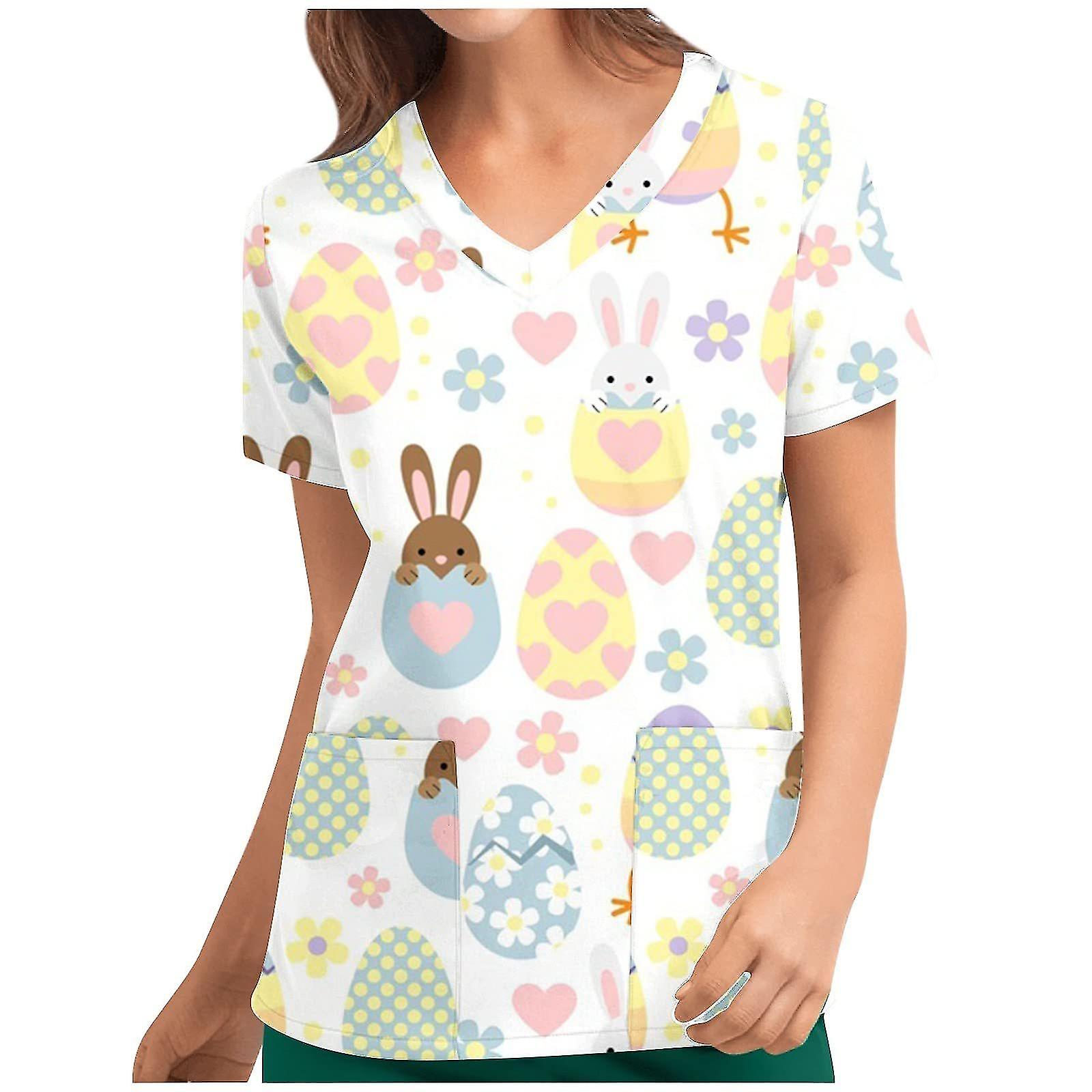 Femei drăguț Rabbit Print Nursing Uniform Scrub Tee Top short sleeve T-shirt Bluza