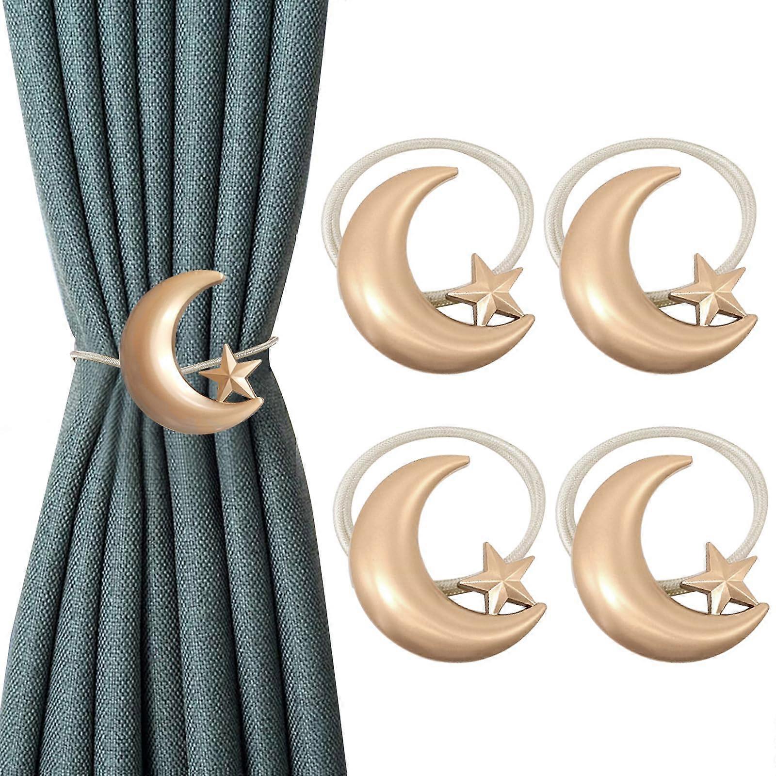 Magnetic Curtain Tiebacks Set of 4 with Elegant Moon Star Design, Gold RustResistant Holdbacks