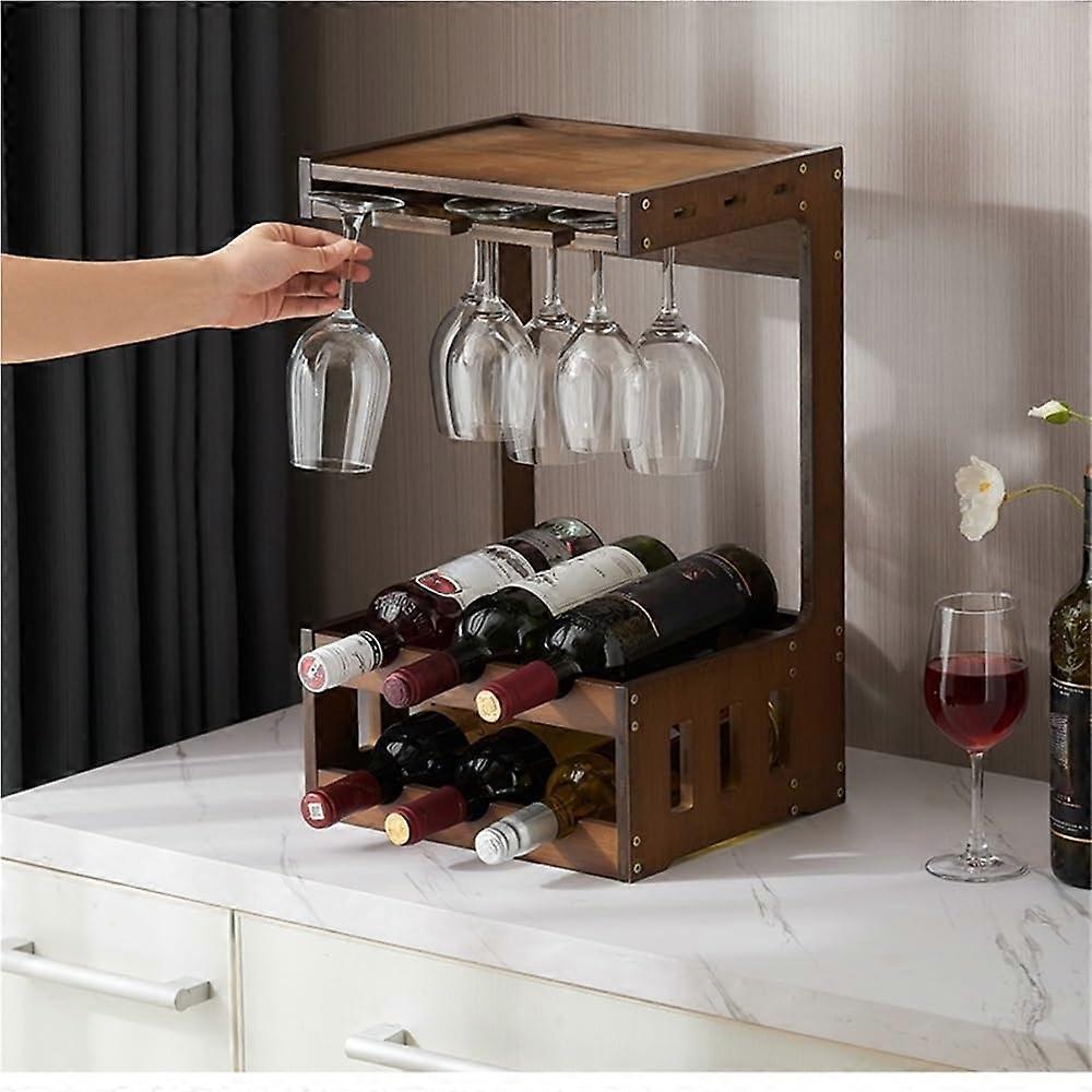 2 Tier Wooden Wine Rack with Glass Holder, Rustic Countertop or Wall Mounted Wine Storage