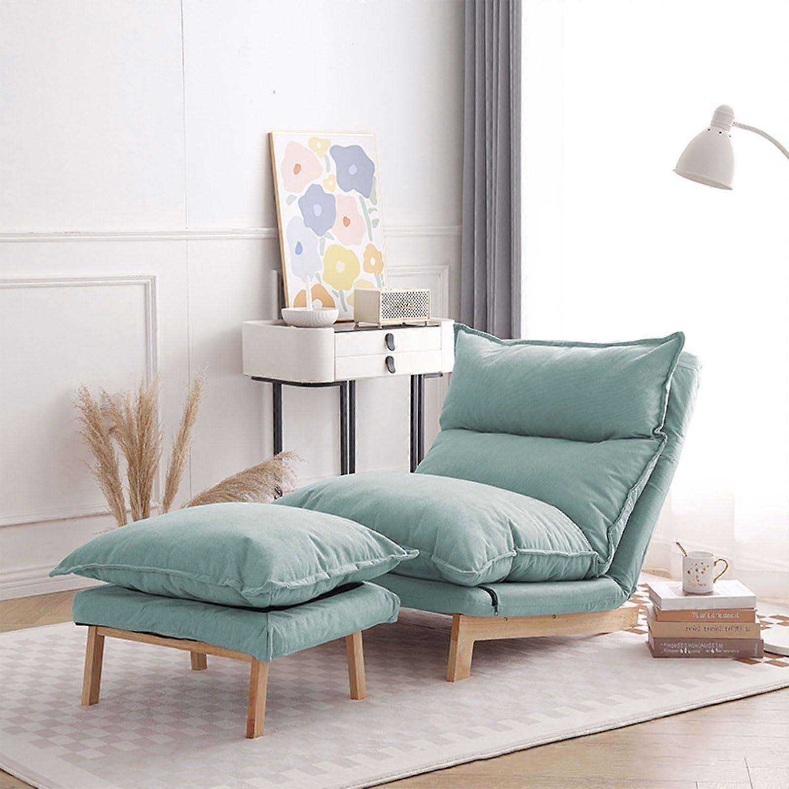 Modern Lounge Chair with Ottoman Set of 2, Adjustable 180° Backrest, Cotton Linen, Mint Green