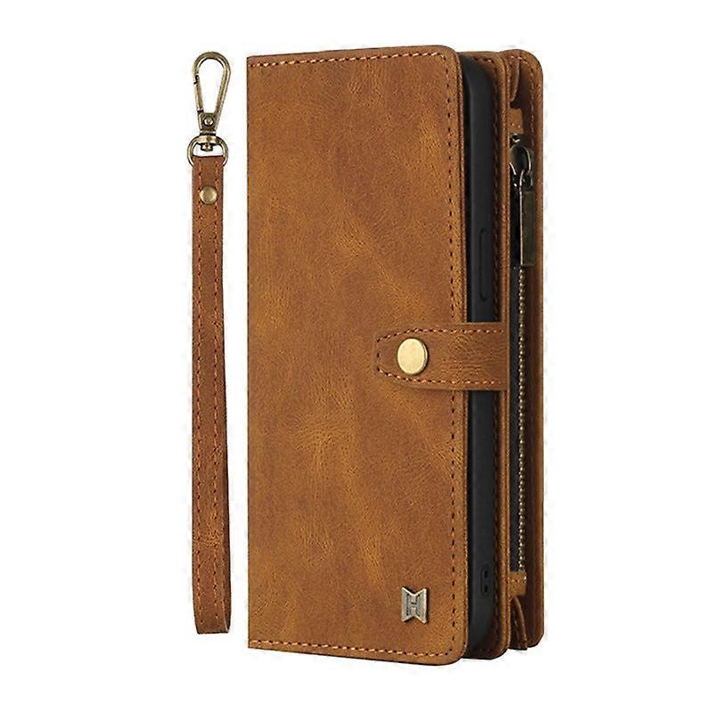 Case For Iphone 13 Brown Multifunctional Leather Wallet Magnetic Suction No3654