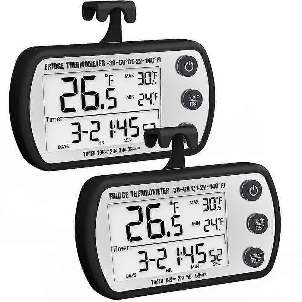 Digital Refrigerator Thermometer 2 Pack,Waterproof Fridge Thermometer, Max/Min Record Function,Timer Function Black