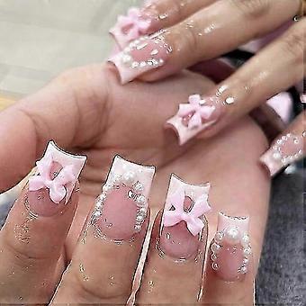Press On Nails Set with Elegant Bow Design, Square Acrylic Coffin Shape, 24 Pcs False Nails