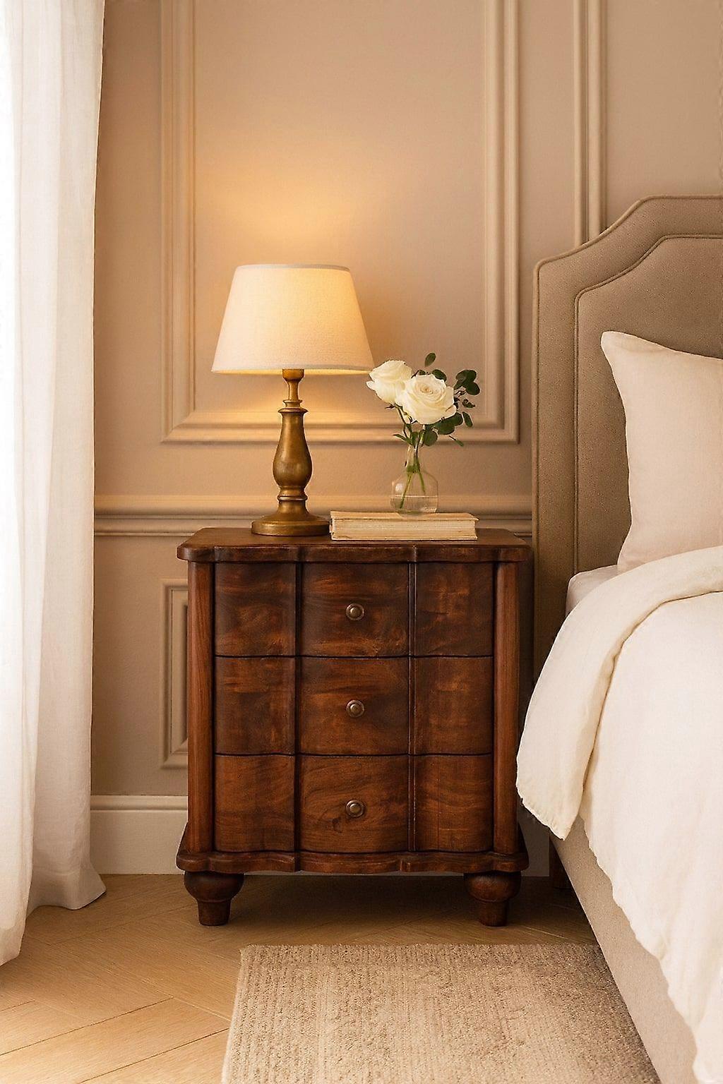Solid Wood Valencia Bedside, 3 Drawers, Brown