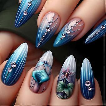 24Pcs Almond Fake Nail Press On Nail Artificial Nail False Nail Glues On Nail Flower Designs French Nail Tips Gifts SC