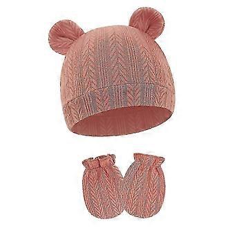Babymutsje en wantjes met berenoortjes, gebreide katoenmix, ademend en krasbestendig, elastische boorden, voor baby's van 0-2 maanden, baksteenrood