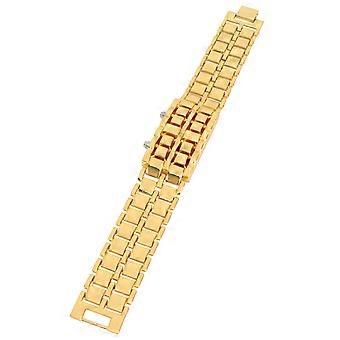 Hand Watch Ladies Watch with Red LED Light Golden Steel Band