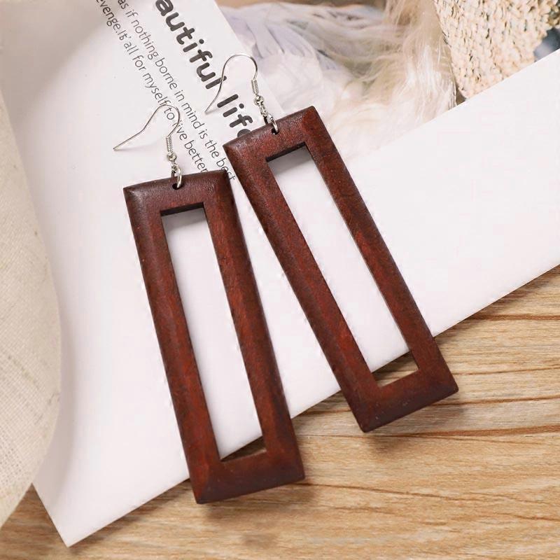 Alloy Wood Dangle Earrings Platinum Rectangle 92x28mm