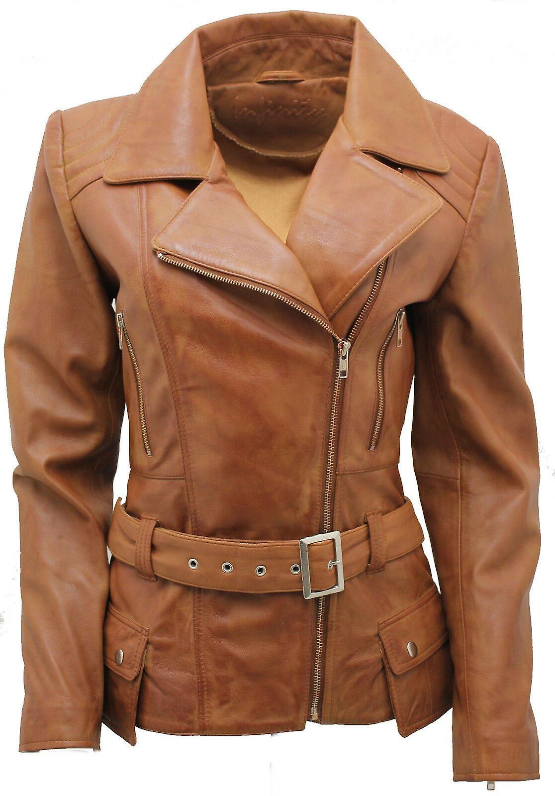 Ladies Tan Long Feminine Leather Biker Jacket