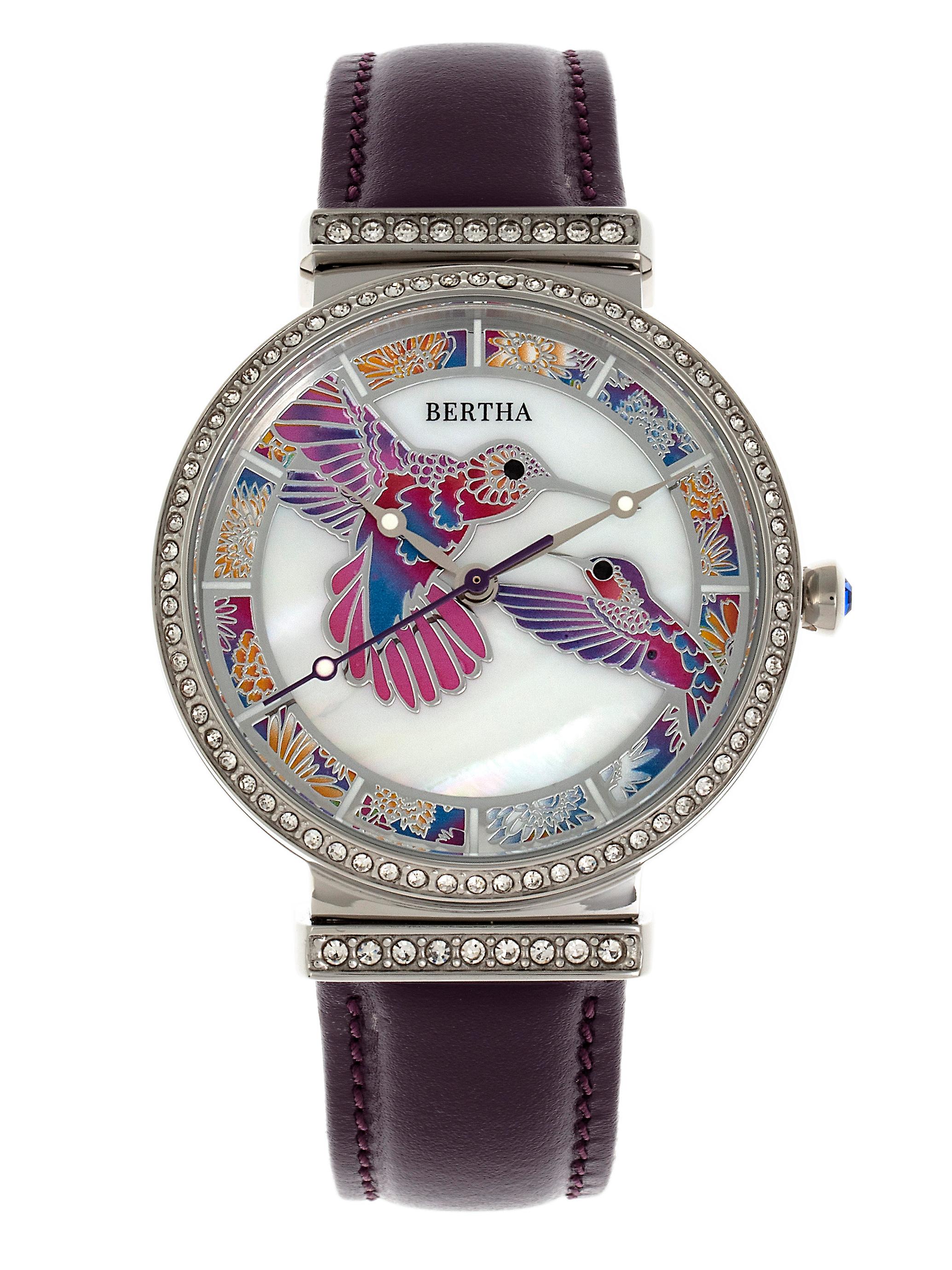 Bertha Emily Mother-Of-Pearl Leather-Band Watch Silver/Purple - Main Image