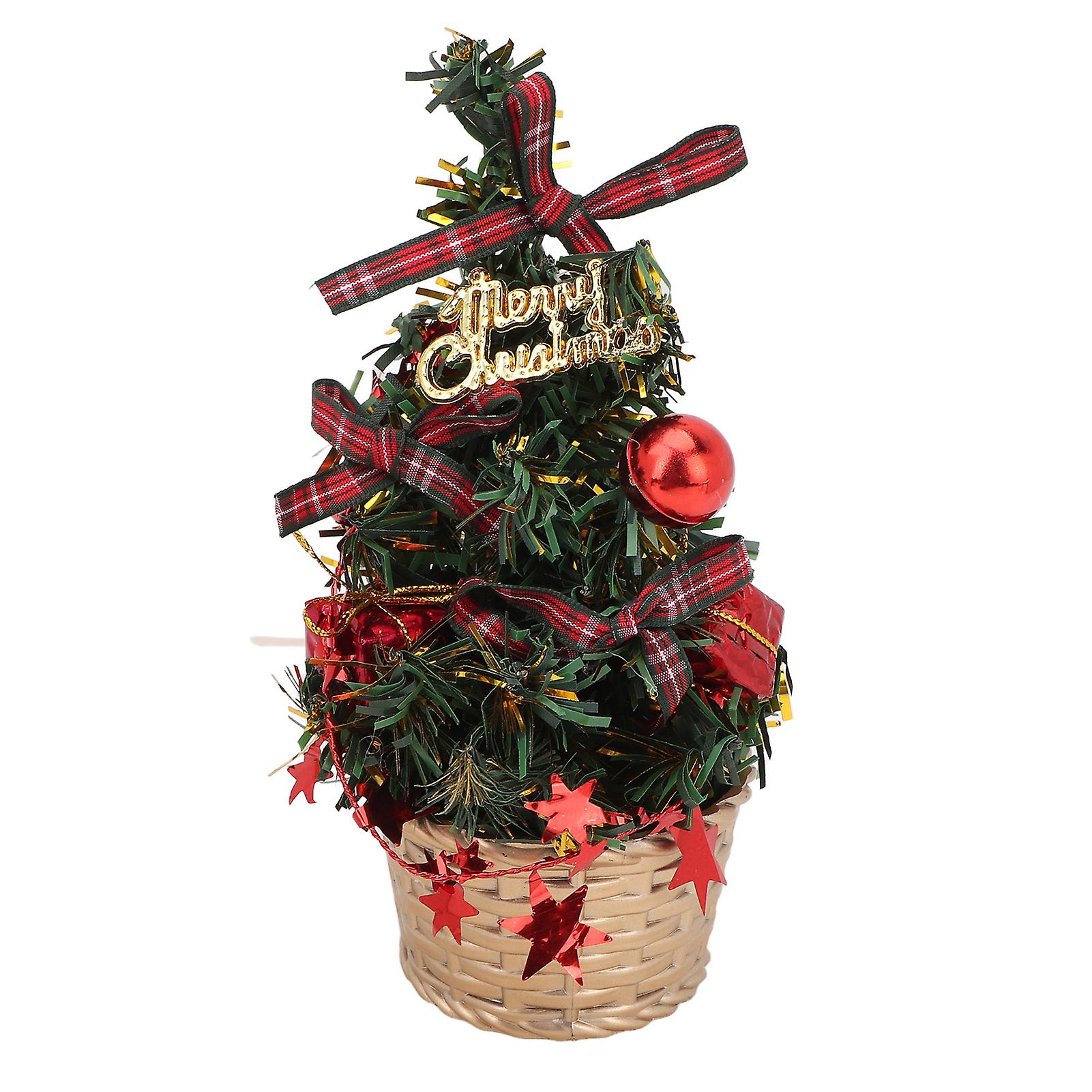 Cute Tabletop Christmas Tree Made with Stable Base, Waterproof Mini Artificial Christmas Tree, 7.9 Inch, Plaid Silk Ribbon