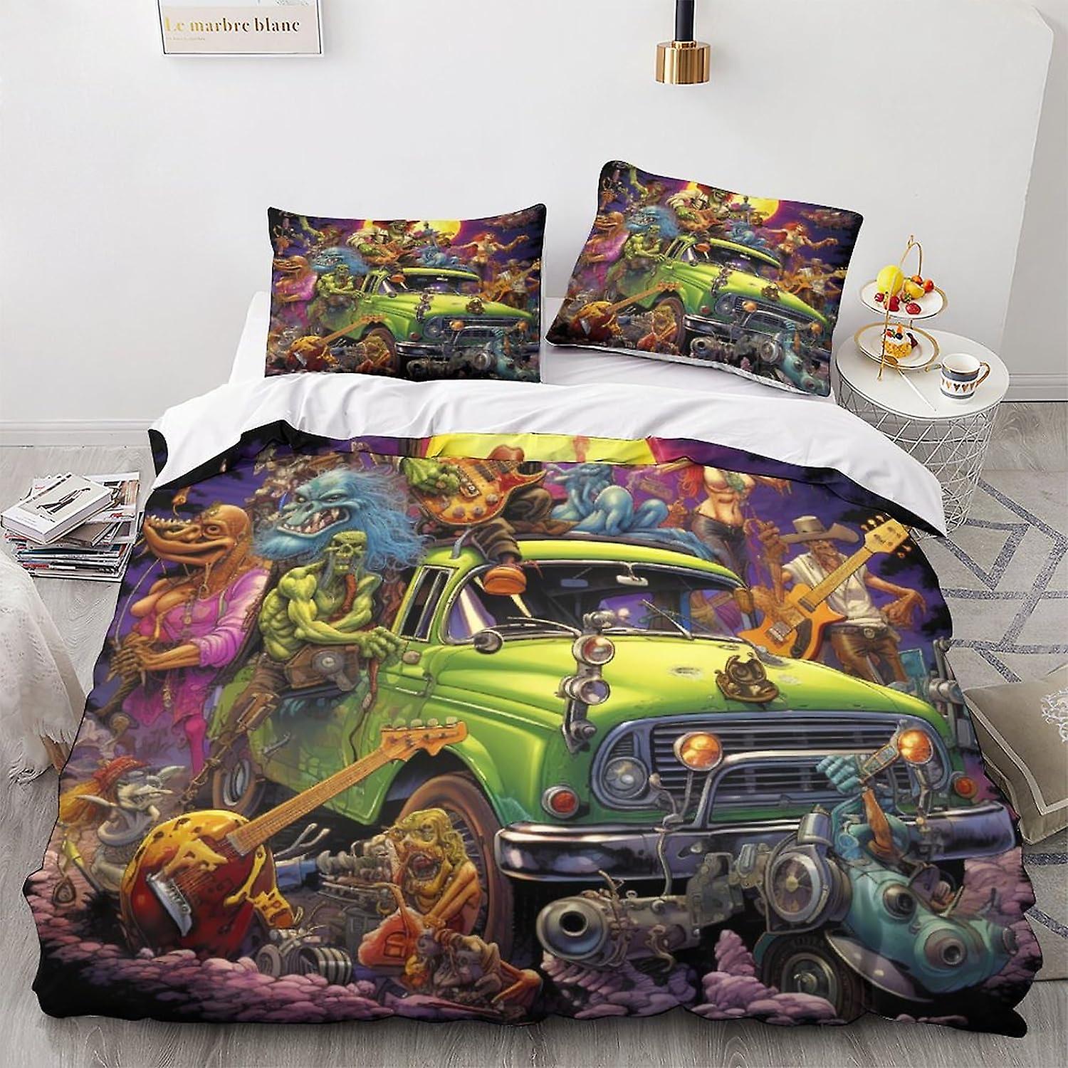 LikeEj Monsters 3D vintage bil påslakan och örngott, tecknad tryckt quiltad sängkläder för sovrum - Super andningsbar allergivänlig helsäng