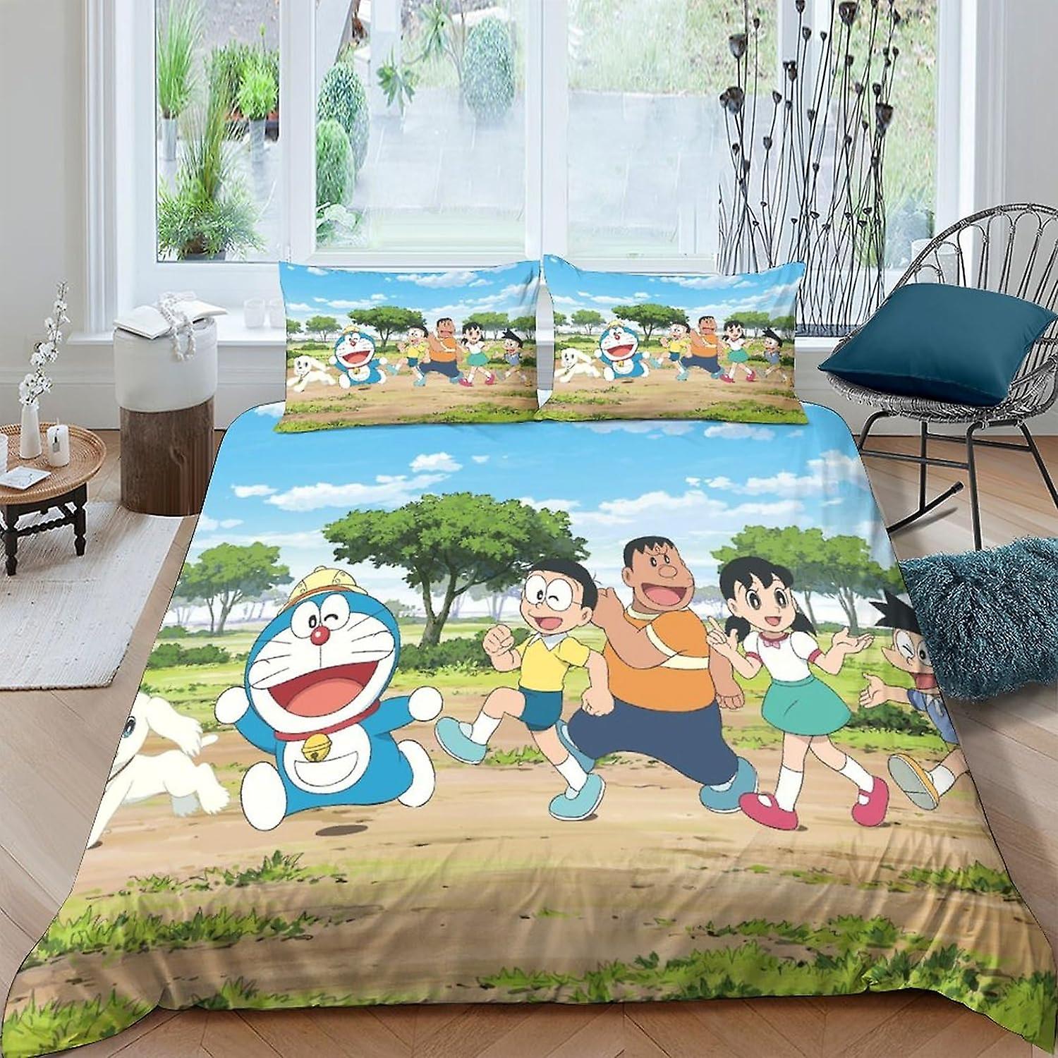 VCLUST Doraemon 3D Three-dimensional Digital Print Duvet Cover Bedding, 3 Pieces, Little Blue Cat Quilt Cover Piece Matching Pillowcase with Zipper Cl