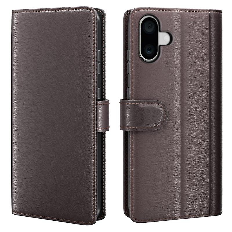 For iPhone 16 Plus Case Wallet Genuine Split Leather Phone Cover Magnetic Clasp - Brown